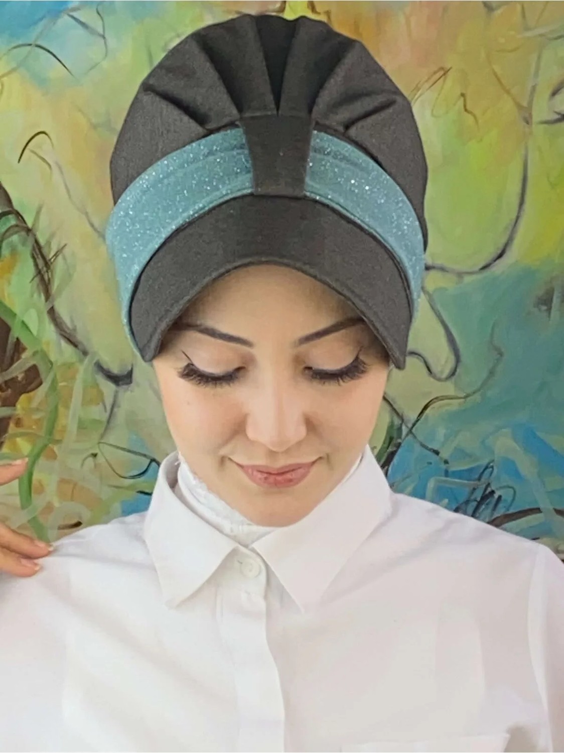 Butik Ambar Cırtcırtlı Mint Yeşili Şifon Fularlı Şapka görsel 5