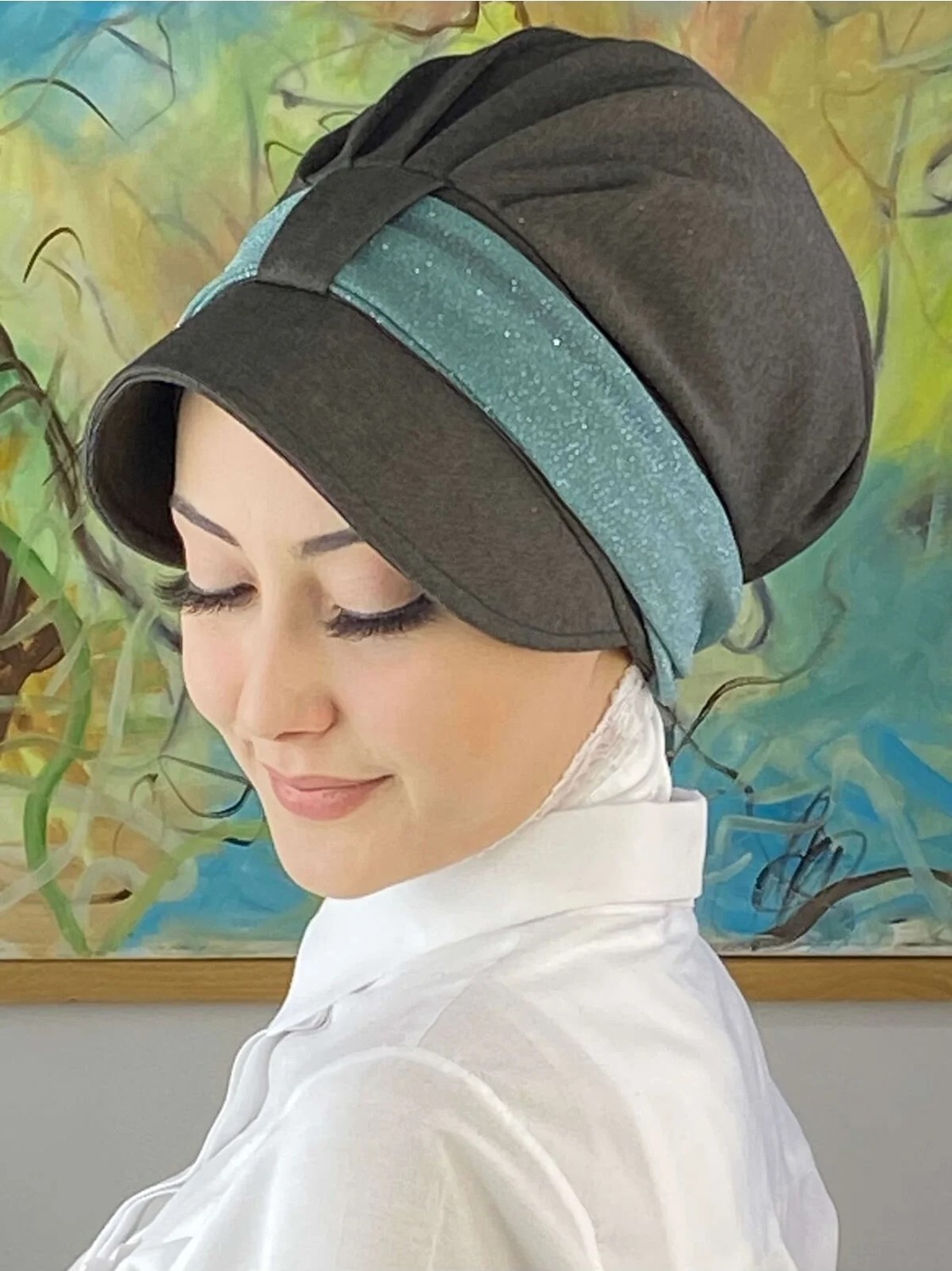 Butik Ambar Cırtcırtlı Mint Yeşili Şifon Fularlı Şapka görsel 6