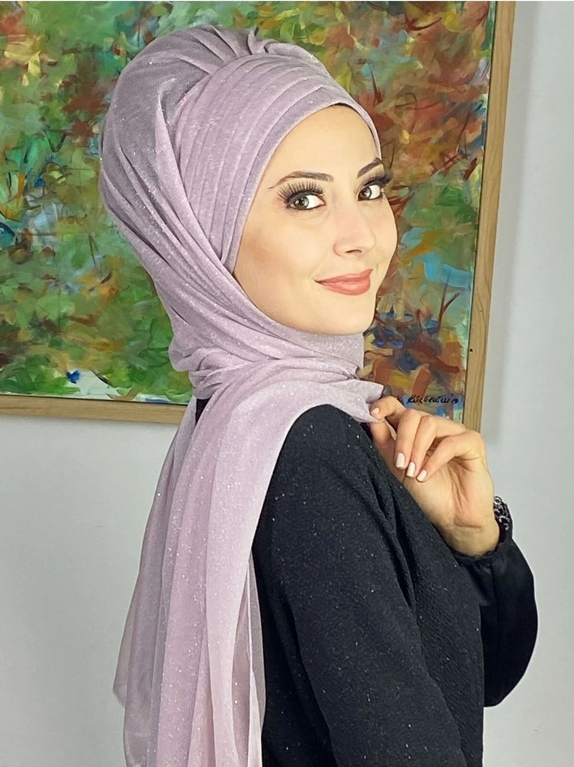 Butik Ambar Topkapı Lila Simli Çapraz Drapeli Hazır Şal görsel 3