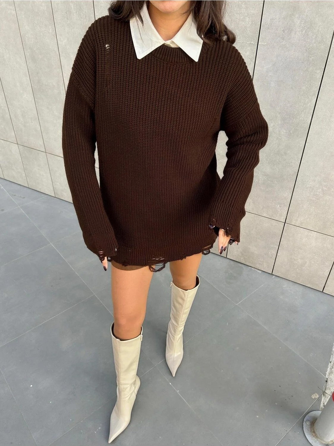 Minaaise Gri Uzun Yırtıklı Oversize Triko Kazak 26031