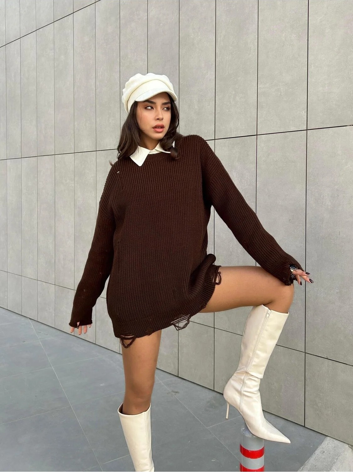 Minaaise Gri Uzun Yırtıklı Oversize Triko Kazak 26031 görsel 2