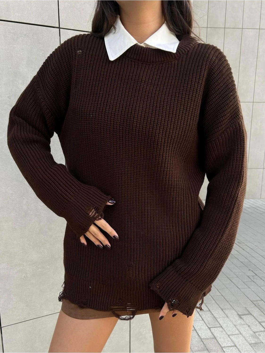 Minaaise Gri Uzun Yırtıklı Oversize Triko Kazak 26031 görsel 3