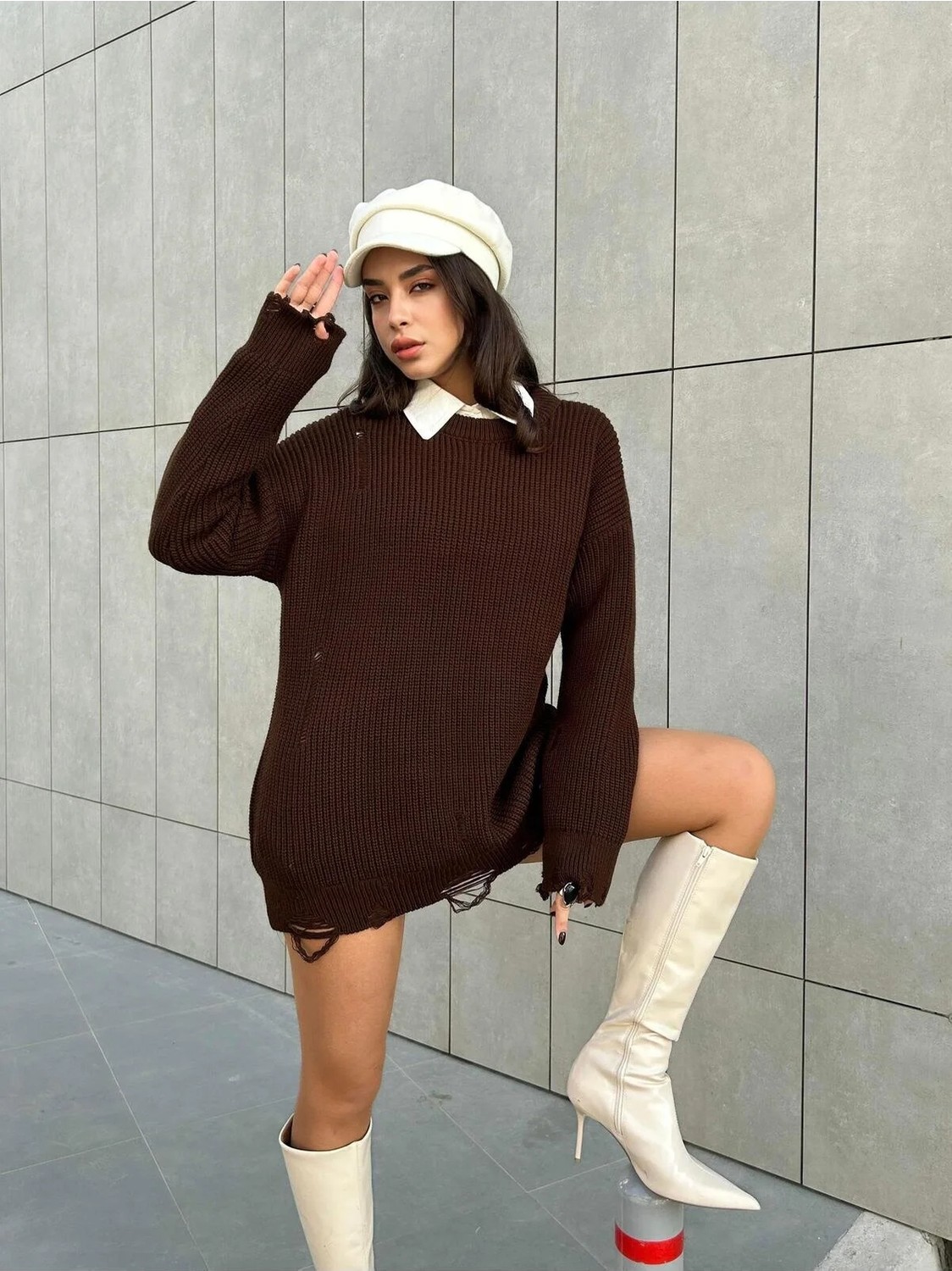 Minaaise Gri Uzun Yırtıklı Oversize Triko Kazak 26031 görsel 4