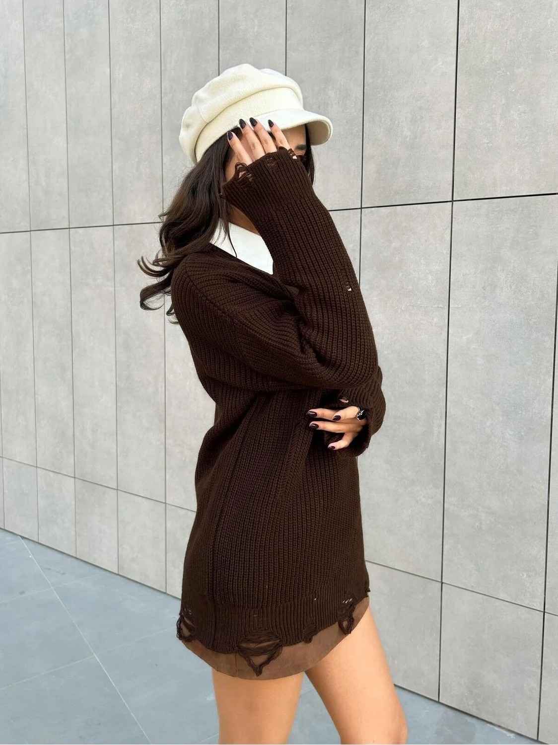 Minaaise Gri Uzun Yırtıklı Oversize Triko Kazak 26031 görsel 6