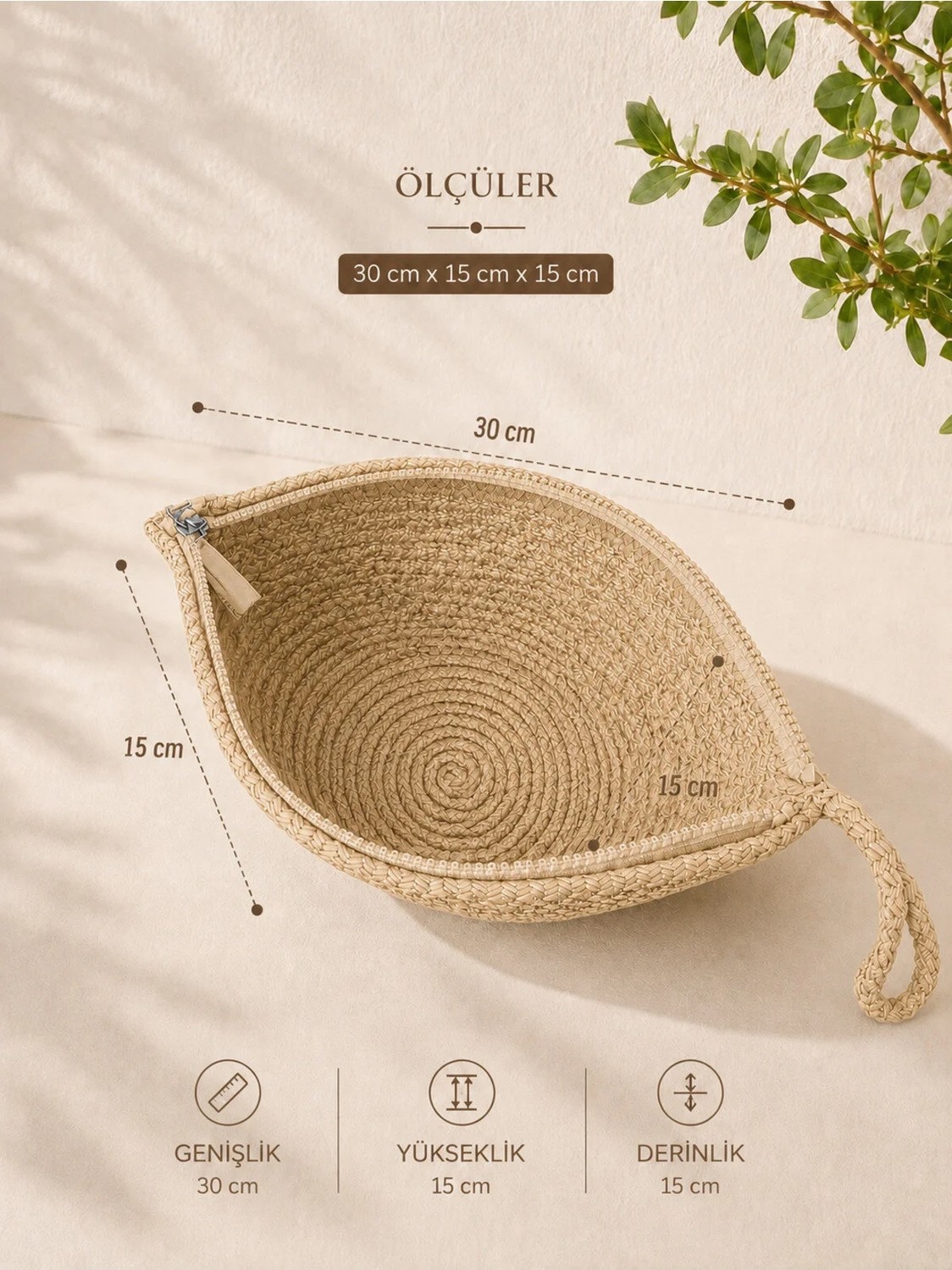 Naspar Hasır Jüt Ip Dikişli El Çantası Günlük Kullanım Kadın Portföy Clutch Çanta 30X15X15 cm | Fermuarlı, El Askılı görsel 3