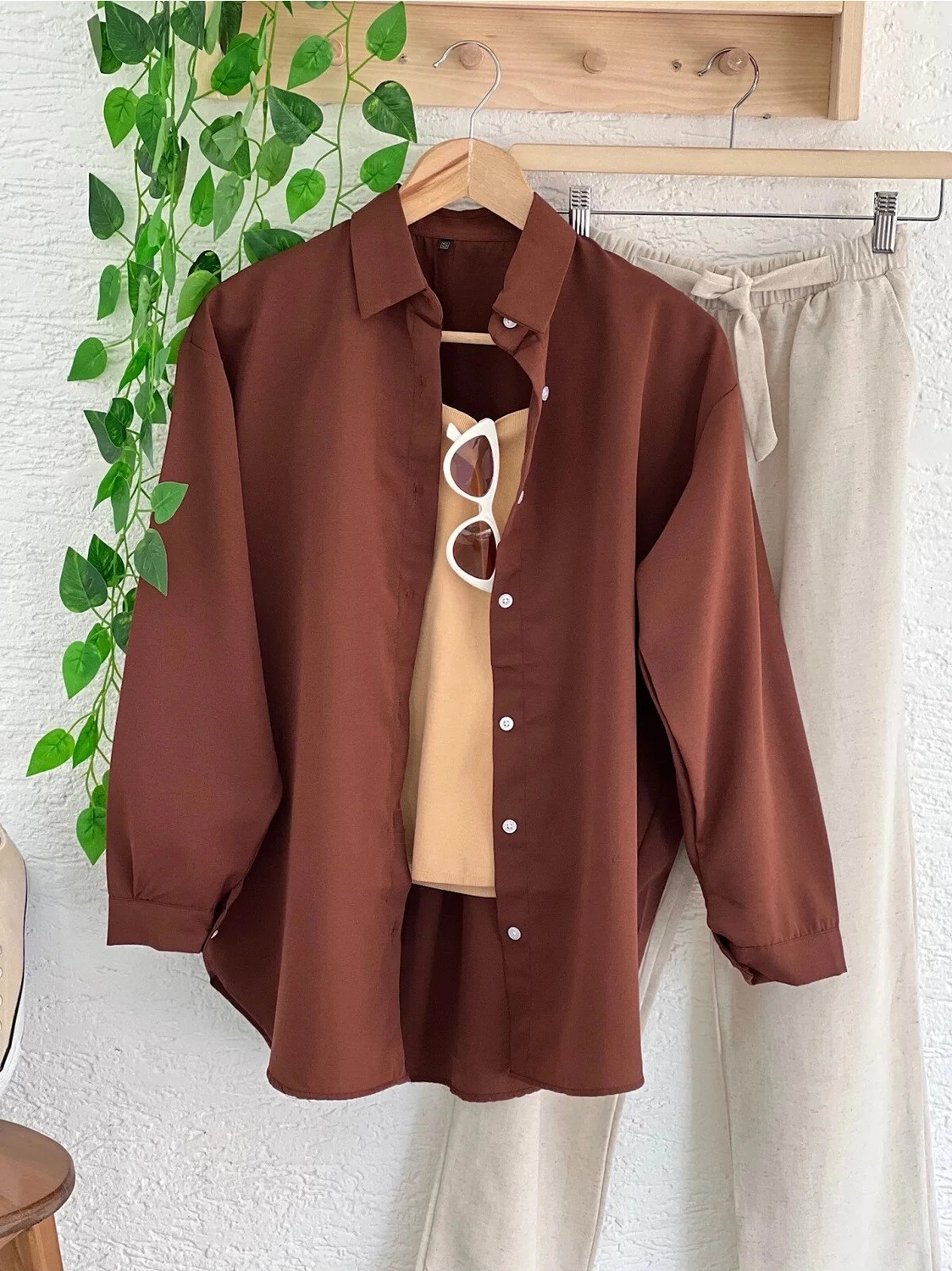 Exit Collection Kadın Tesettür Keten Önü Bağlamalı 2 Bağcıklı Modern Şık Etek Üsttü Kahverengi Kimono Gömlek görsel 2