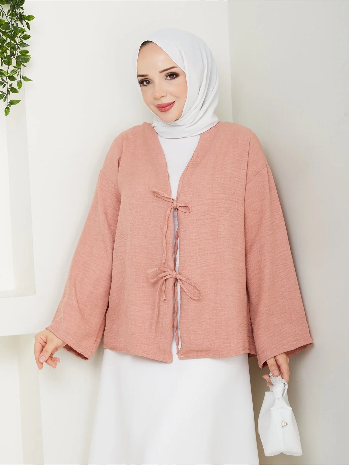 Exit Collection Kadın Tesettür Keten Önü Bağlamalı 2 Bağcıklı Modern Şık Etek Üsttü Kahverengi Kimono Gömlek