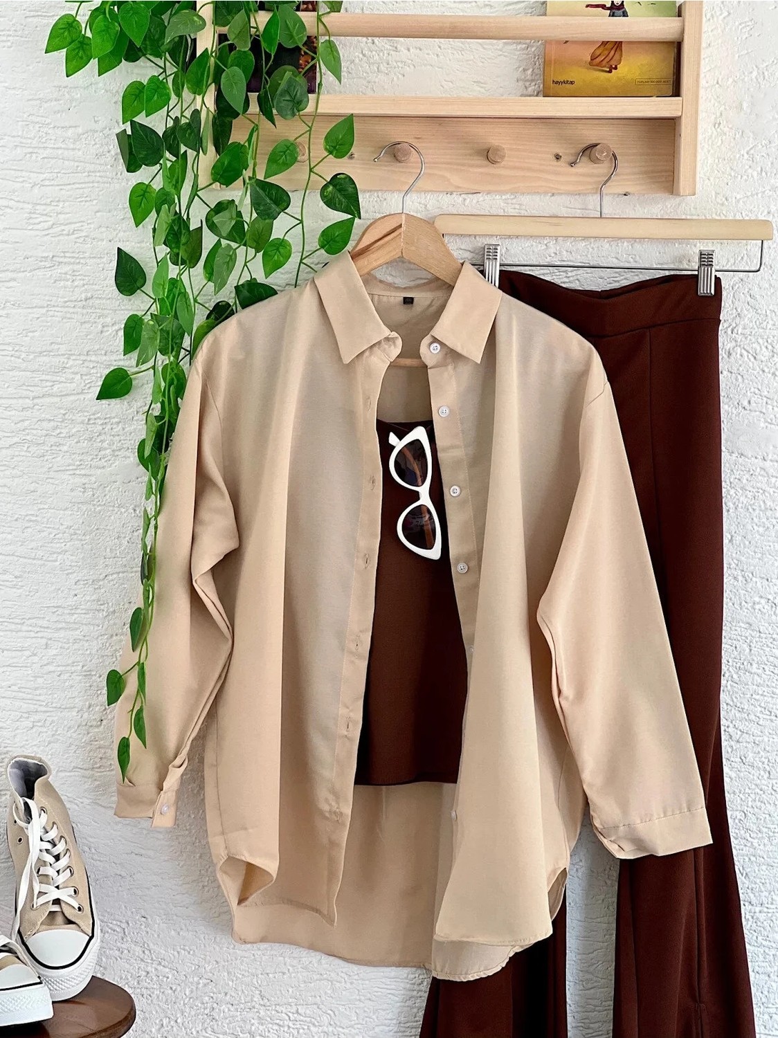 Exit Collection Kadın Tesettür Keten Önü Bağlamalı 2 Bağcıklı Modern Şık Etek Üsttü Kahverengi Kimono Gömlek