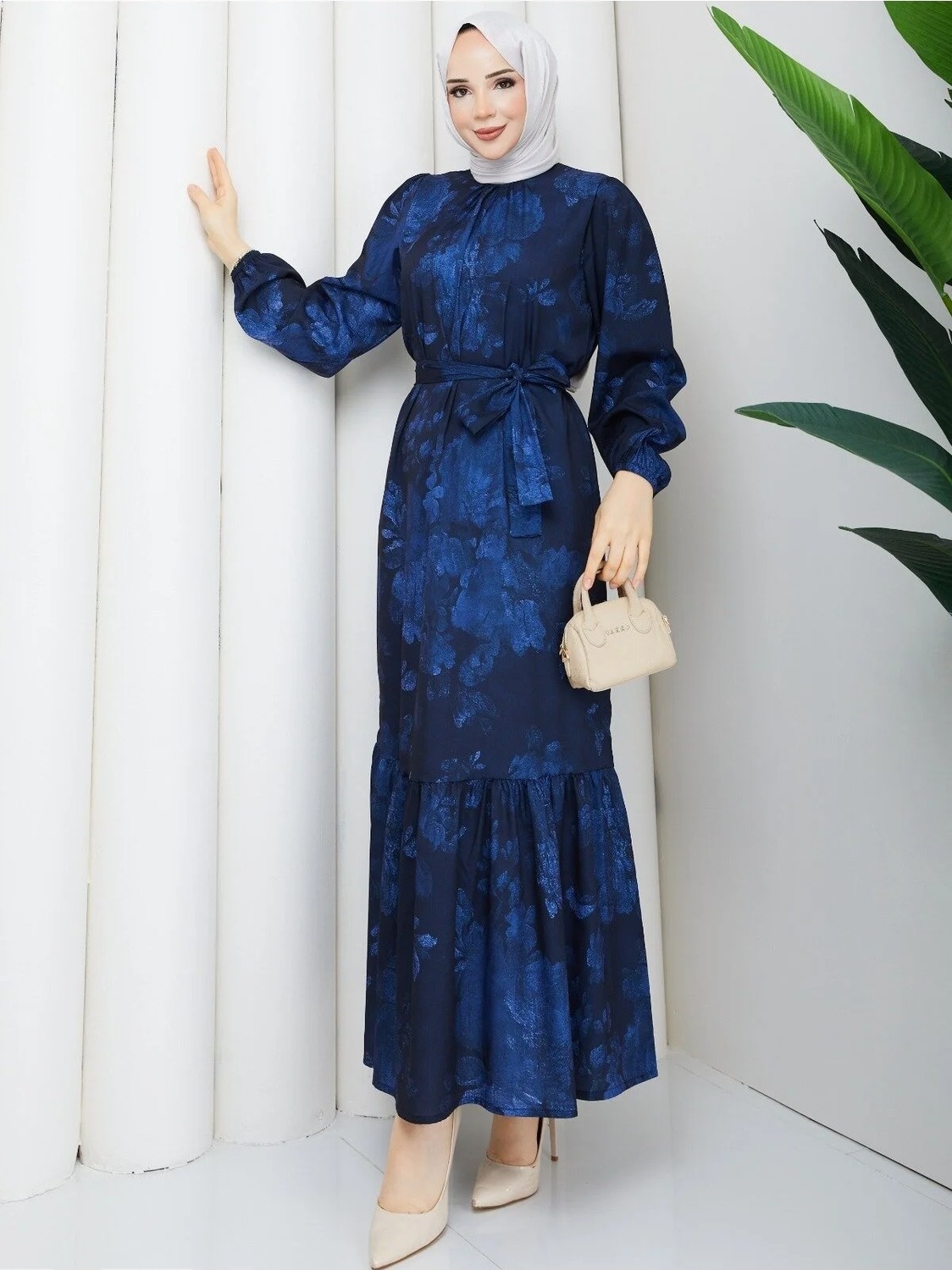 Exit Collection Kadın Uzun Tesettür Şık Elbise - Kemerli Cesika Kumaş Baskı Desenli Tesettür Elbise Uzun Kollu 140CM Uzunluğunda görsel 6