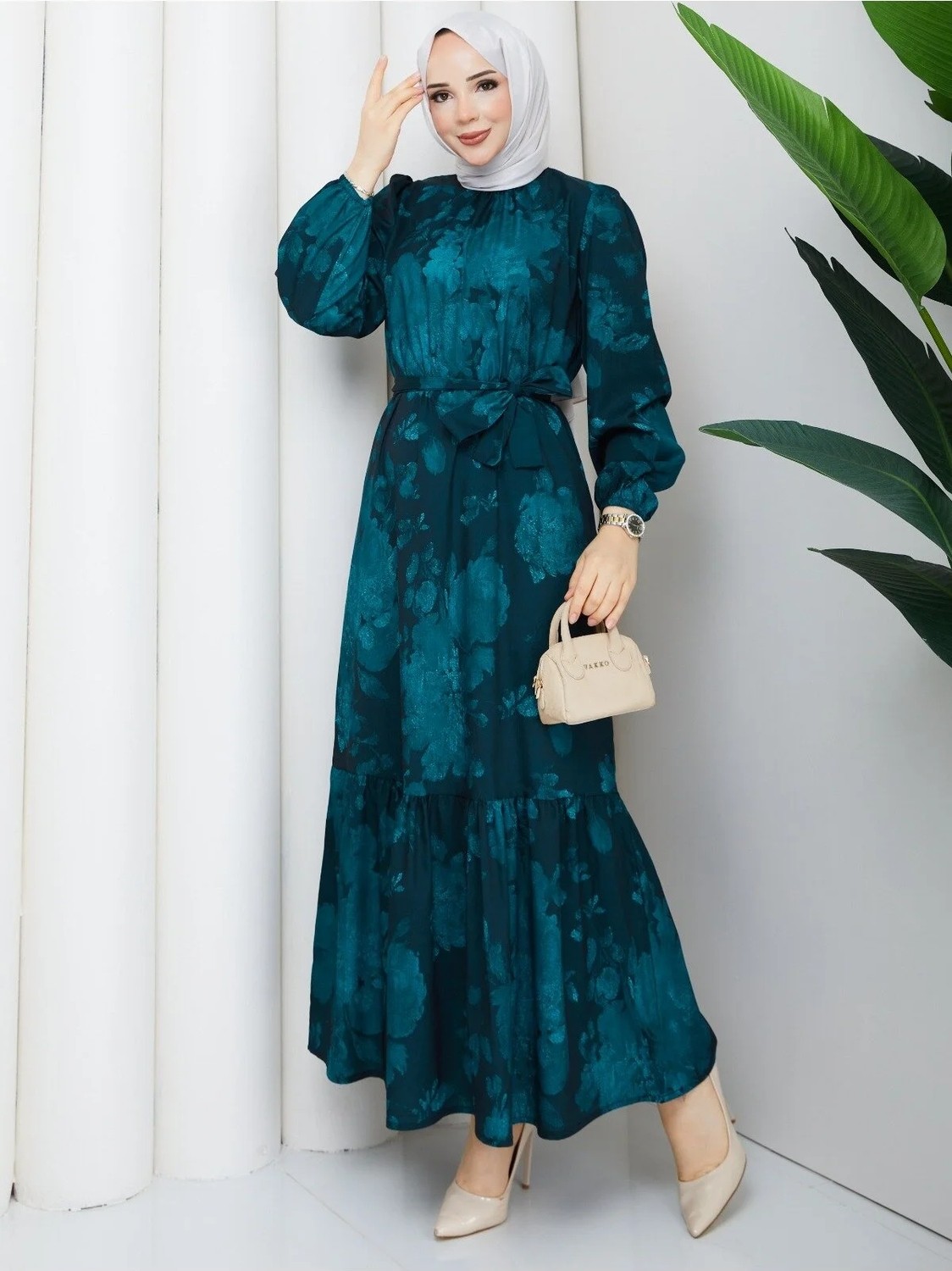 Exit Collection Kadın Uzun Tesettür Şık Elbise - Kemerli Cesika Kumaş Baskı Desenli Tesettür Elbise Uzun Kollu 140CM Uzunluğunda