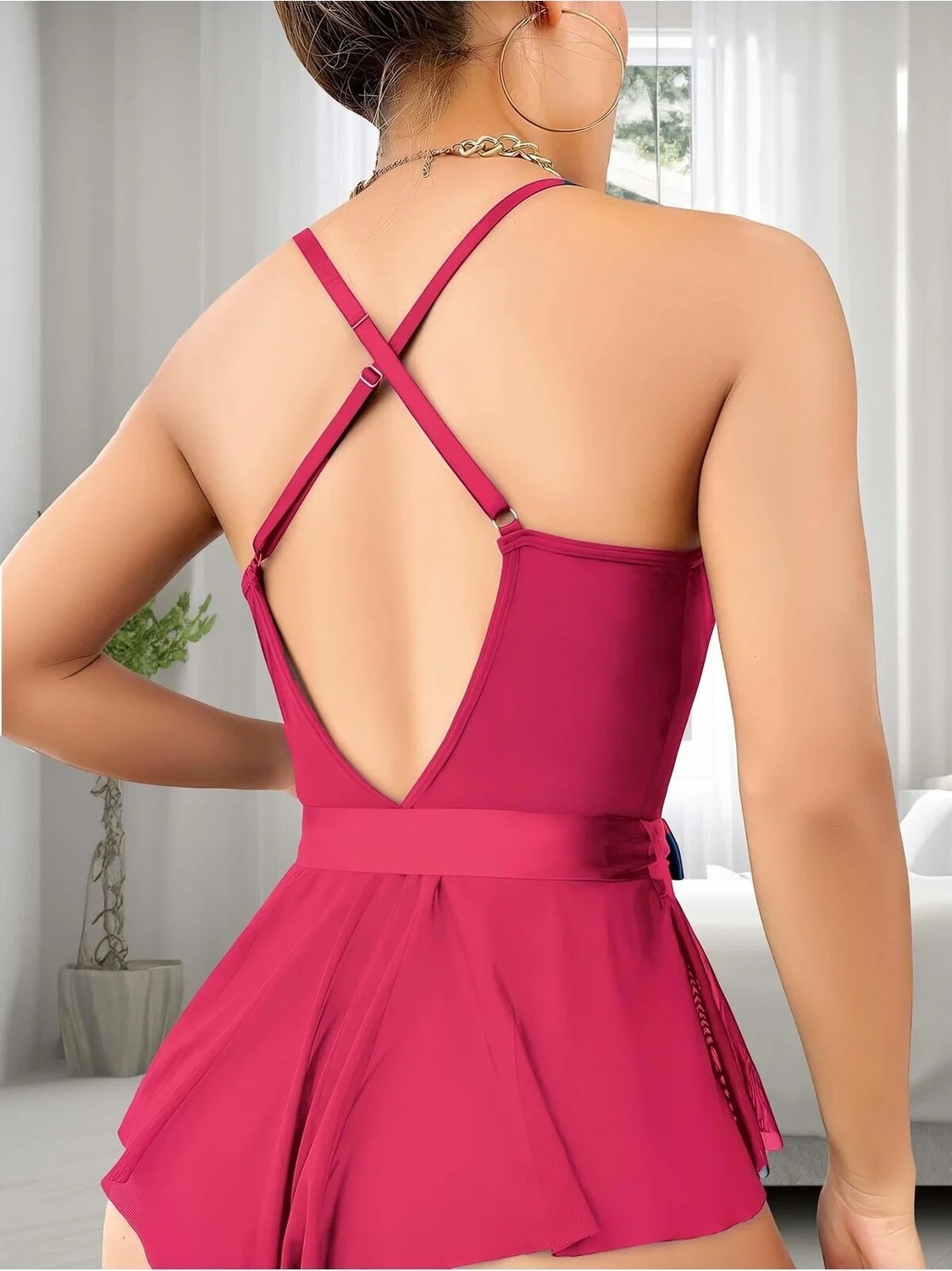 3D Sepetim Dantel Işlemeli Kurdelalı Tül Babydoll Fuşya Renk görsel 2
