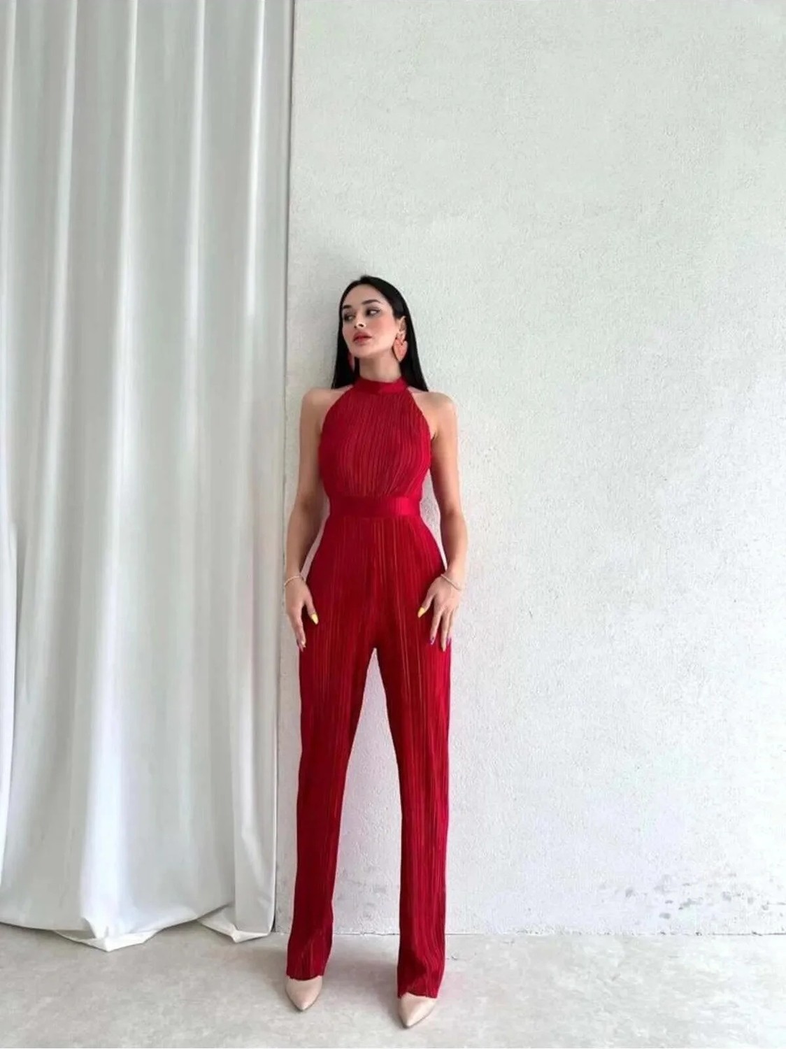 Empressco Misscix Fitilli Kolsuz Halter Yaka Kadın Kırmızı Tulum - Abiye & Mezuniyet Tulum Elbise görsel 3