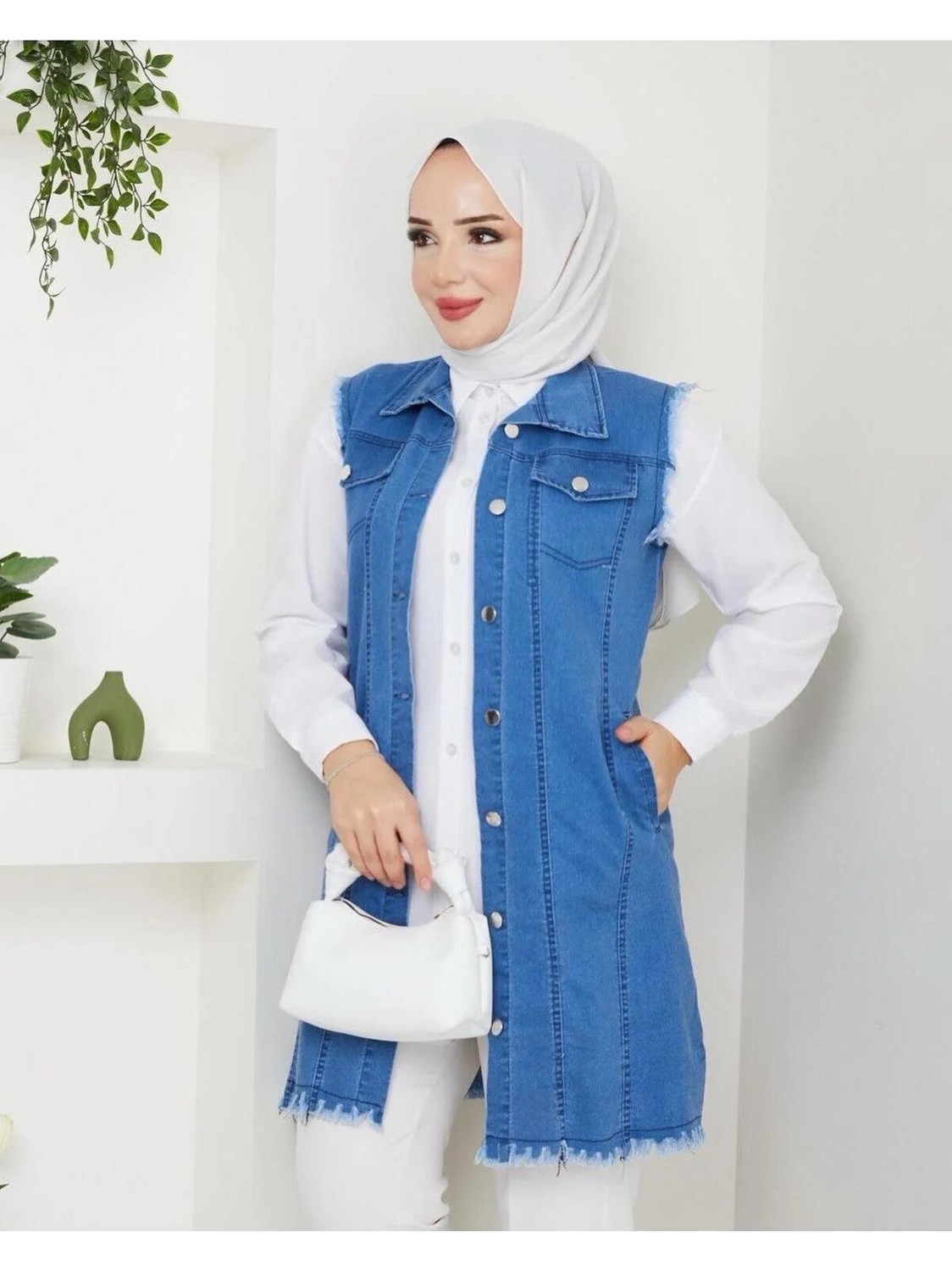 Exit Collection Kadın Tesettür Cepli Şık Rahat Yumuşak Dokulu Kot Ceket Uzun Kollu Tesettür Elbise görsel 8