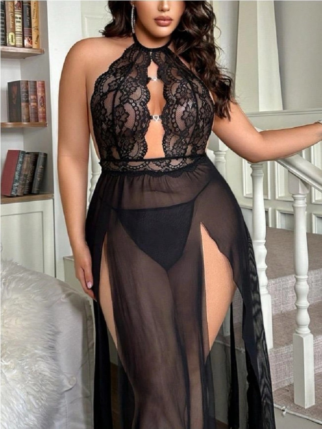 Hace Bazaar Uzun Gecelik Yırtmaçlı Dantel Göğüs Detaylı Sık Romantik Kadın Gecelik - HCB1238247-5584 görsel 4