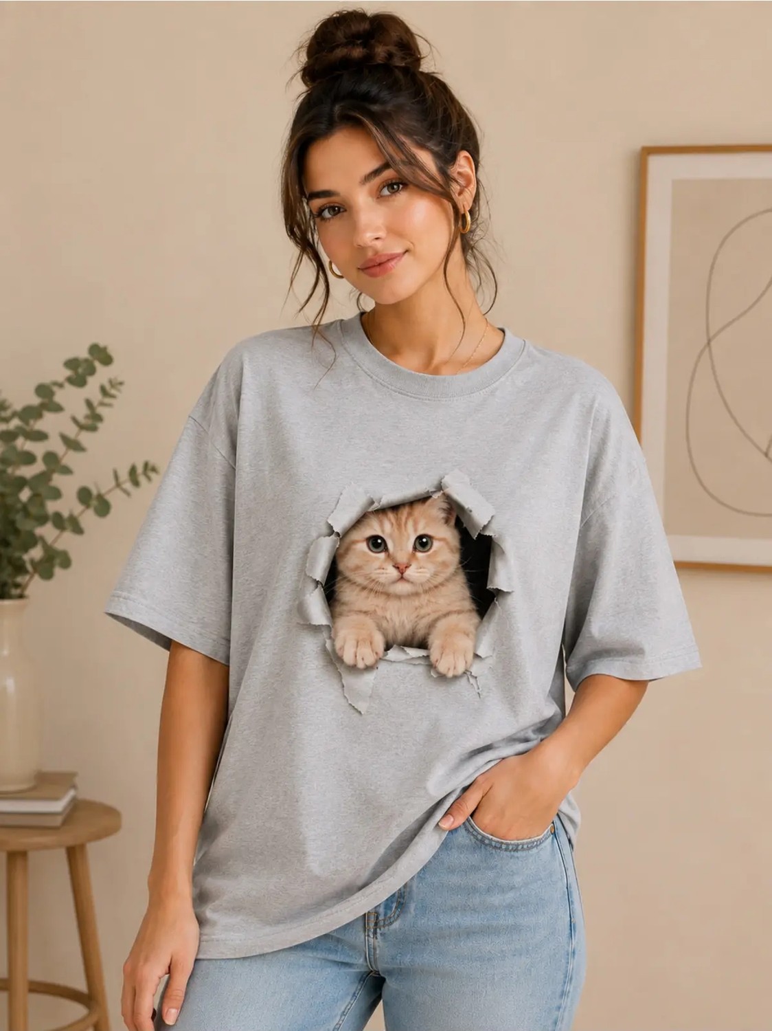 Enb1r Moda Sevimli Kedi Baskılı 3D Yırtık Efekt Yarım Oversize Bisiklet Yaka Unisex Tişört, Cute Cat Grafik Baskılı Günlük Tişört