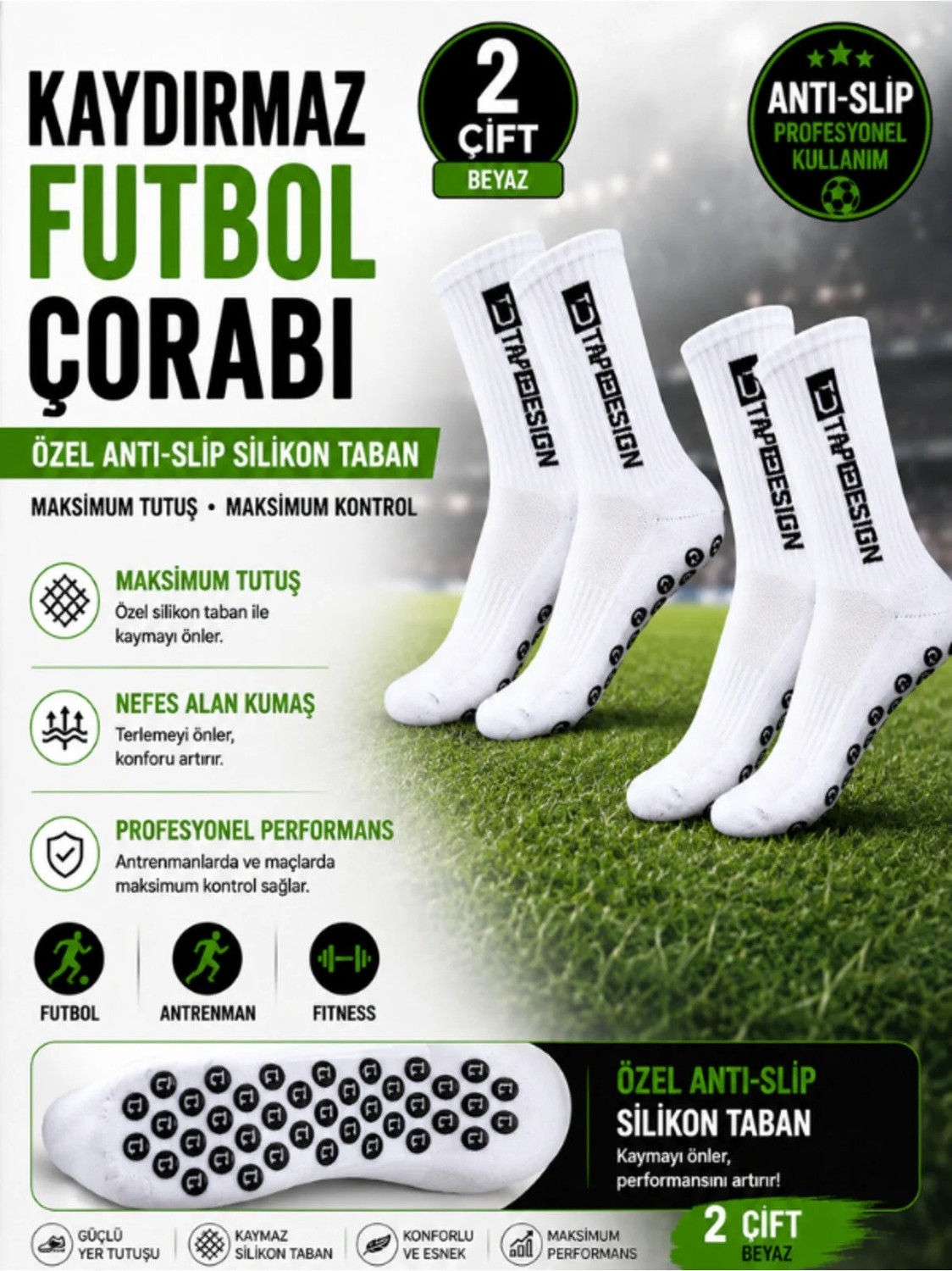 St. Morritz 2'li Özel Seri Beyaz Kaydırmaz Silikon Havlu Taban Tasarım Rahat Dikişsiz Maç Futbol Sporcu Çorap
