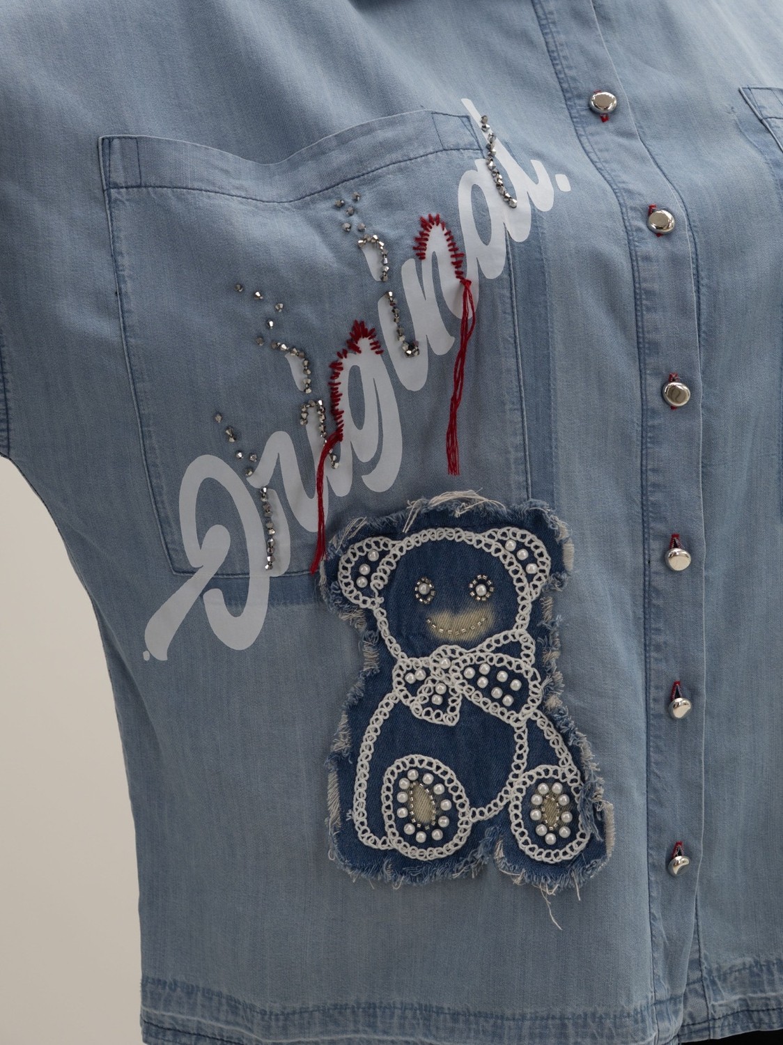 La Velina Büyük Beden Ayıcık Aplikeli Taş Detaylı Denim Tunik Gömlek görsel 5