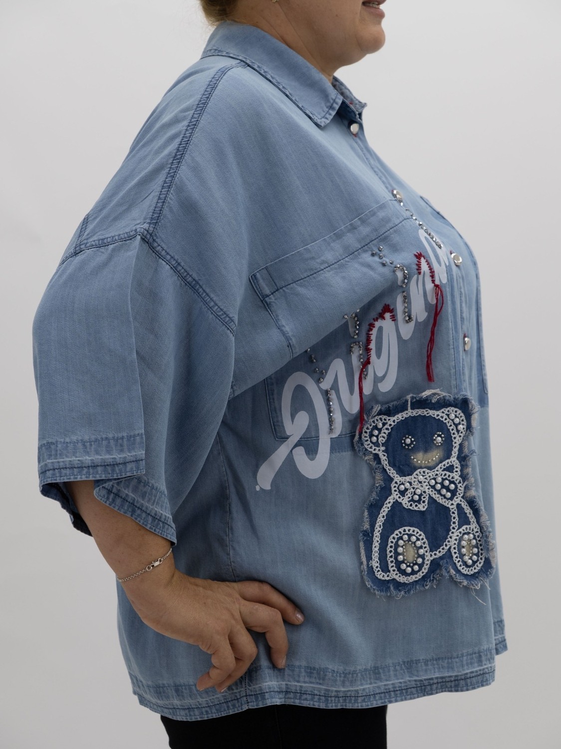 La Velina Büyük Beden Ayıcık Aplikeli Taş Detaylı Denim Tunik Gömlek görsel 6