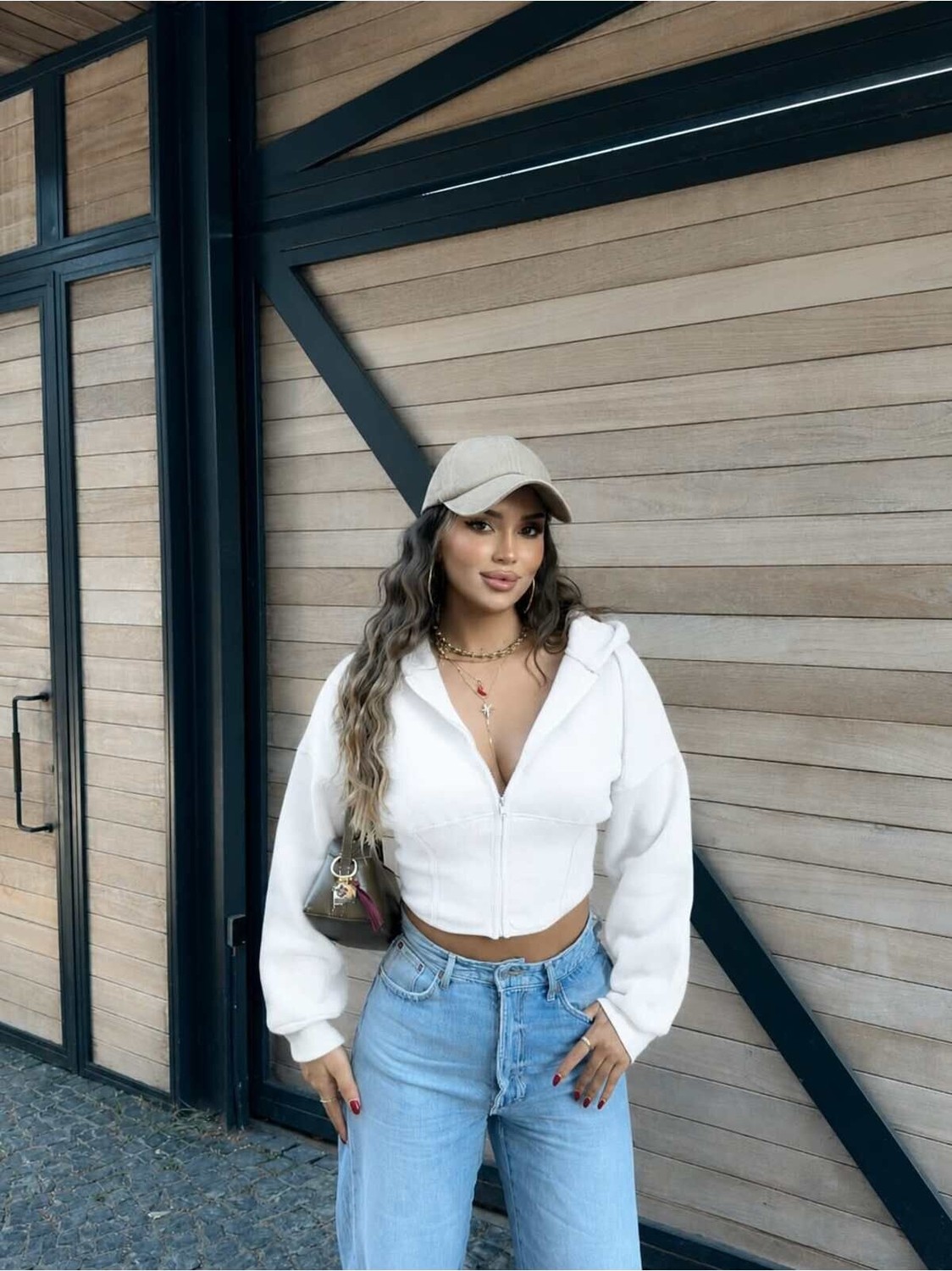 EVOA Oversize Kol Kapüşonlu Crop Hırka Beyaz - S görsel 2