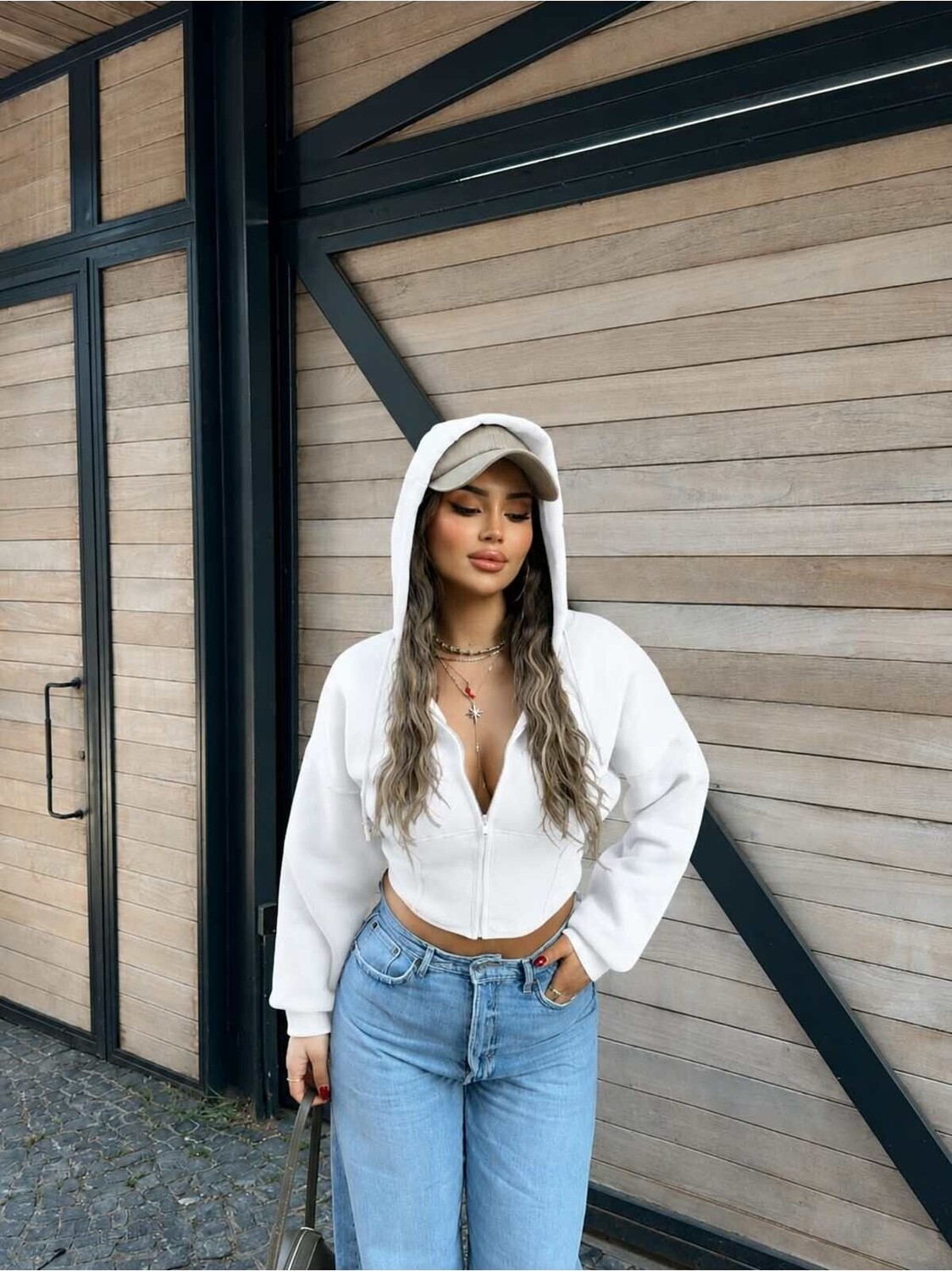 EVOA Oversize Kol Kapüşonlu Crop Hırka Beyaz - S görsel 4