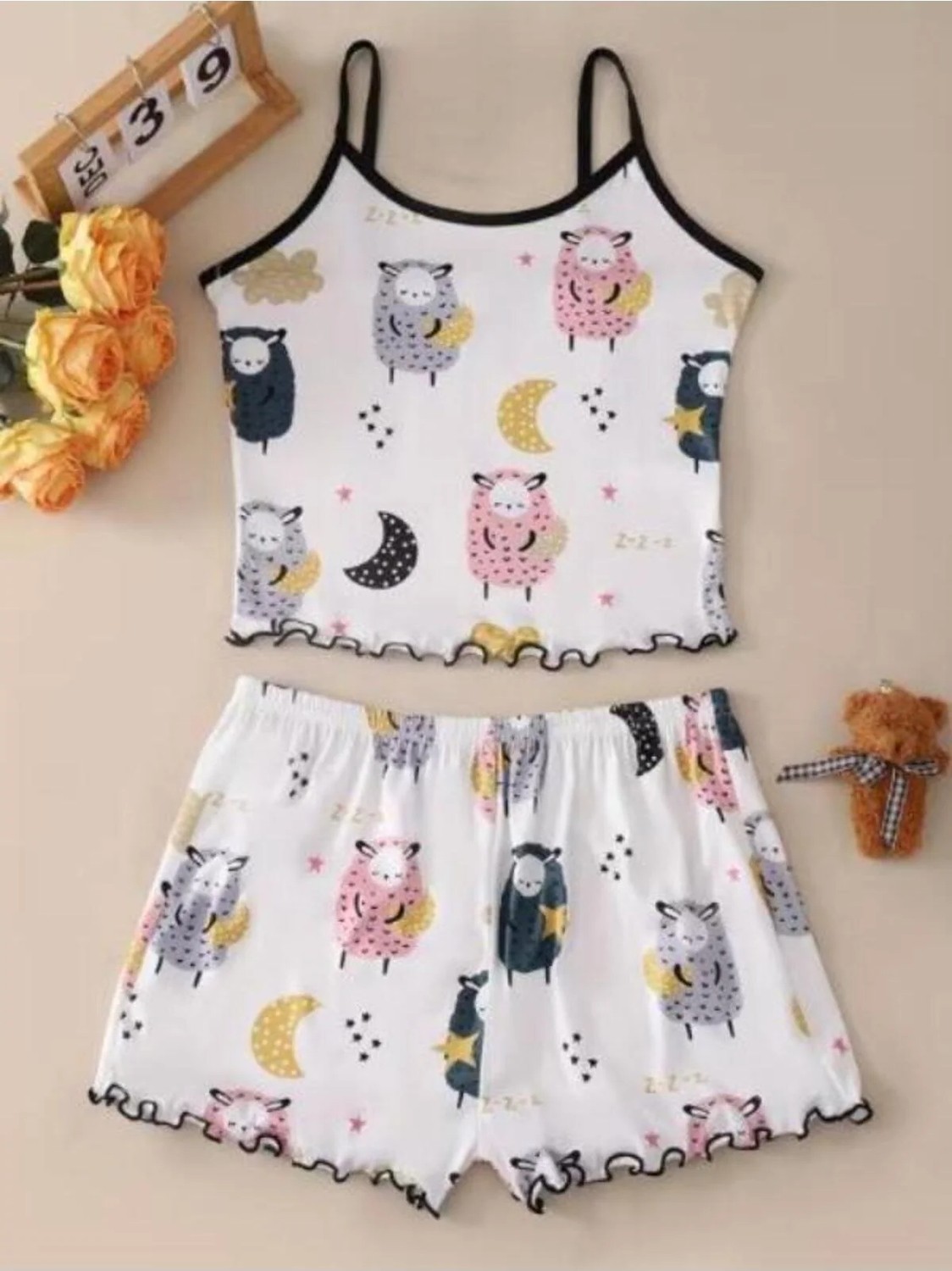 Selveta Kadın Penye Ip Askılı Şortlu Ince Gecelik Pijama Takımı görsel 2