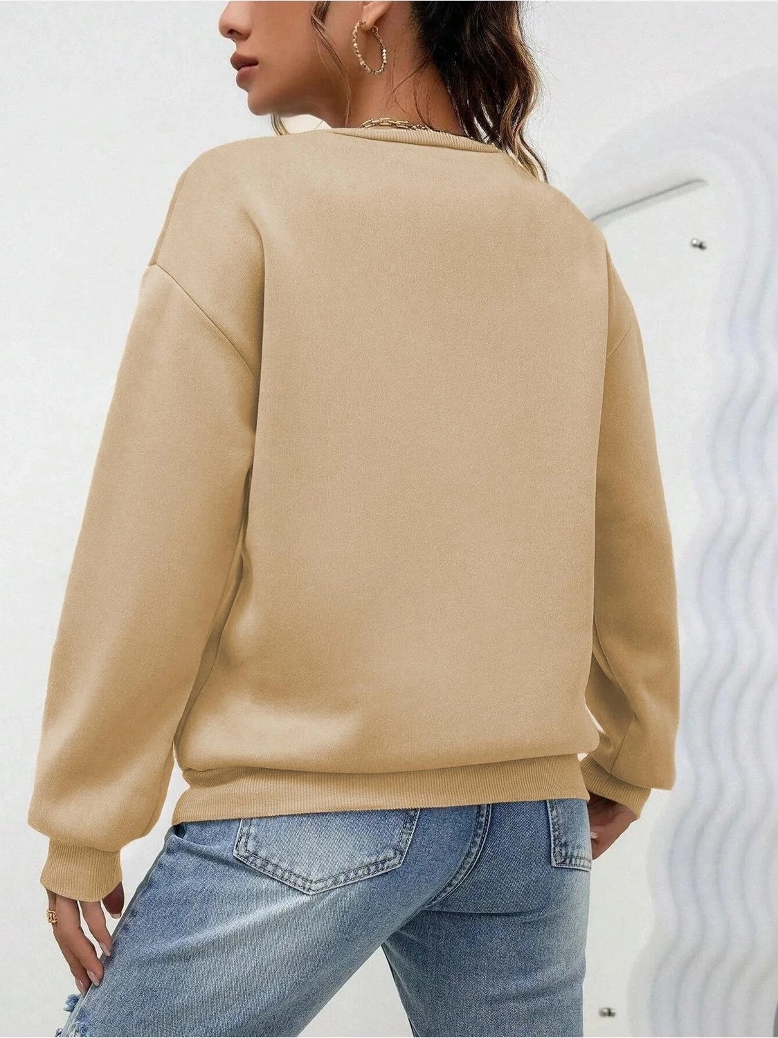 Asmedo Kadın Düz Bisiklet Yaka 3 Iplik Sweatshirt - Bej