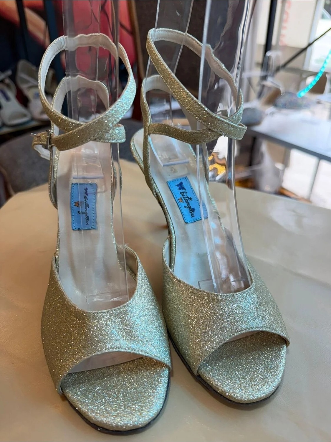 Bitangosu Altın Simli 8,5 cm 13 Pont Açık Topuk Tango, Dans ve Salon Ayakkabısı El Emeği Özel Seri Üretim görsel 2