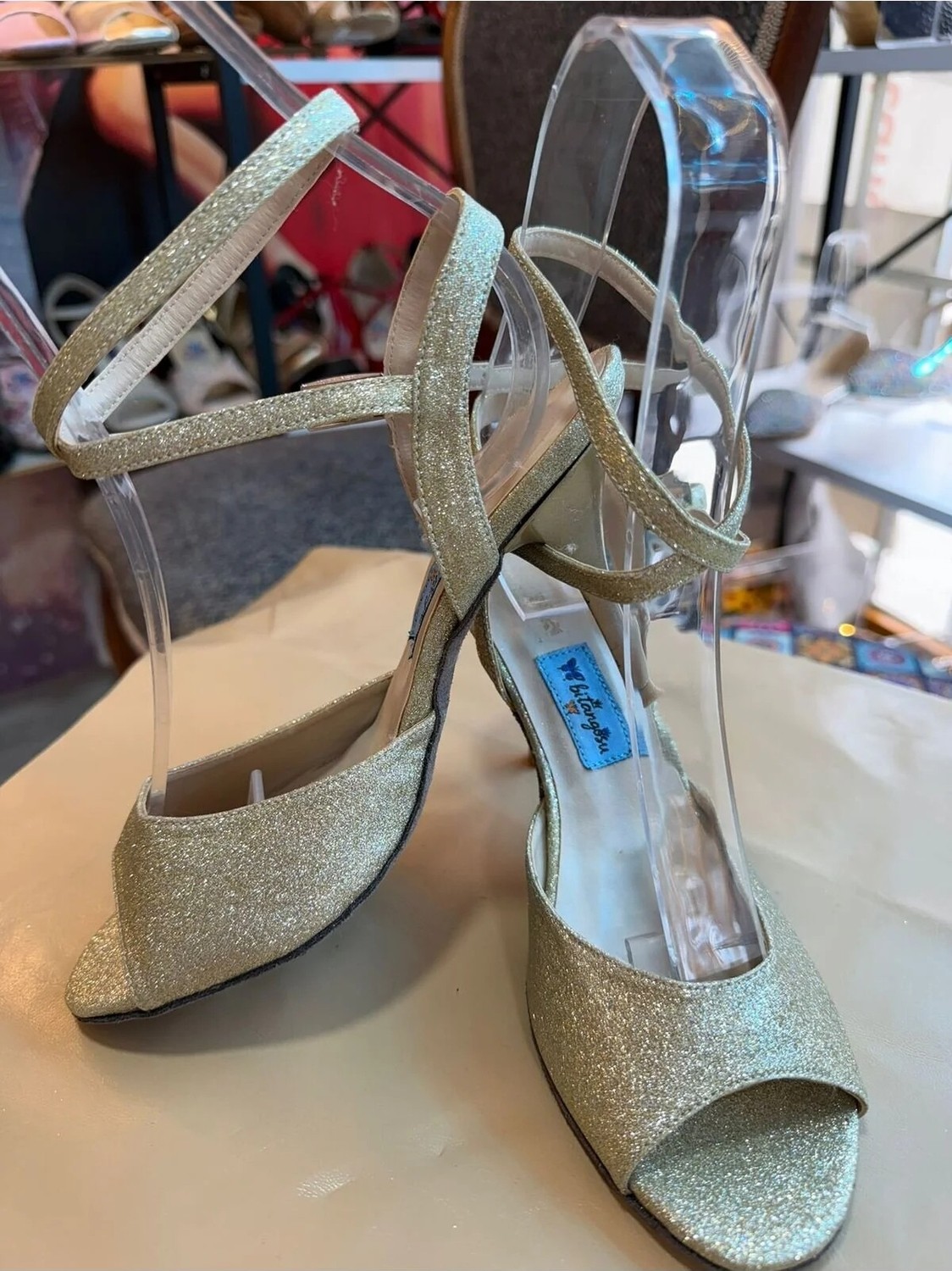 Bitangosu Altın Simli 8,5 cm 13 Pont Açık Topuk Tango, Dans ve Salon Ayakkabısı El Emeği Özel Seri Üretim görsel 4