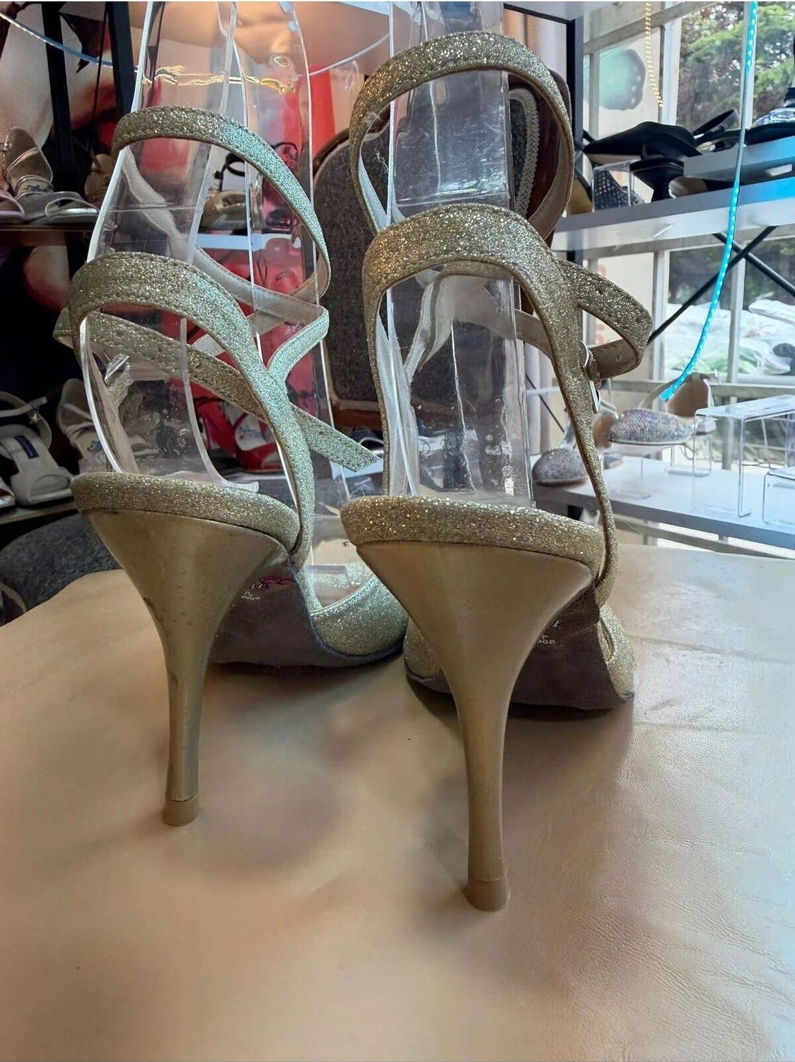 Bitangosu Altın Simli 8,5 cm 13 Pont Açık Topuk Tango, Dans ve Salon Ayakkabısı El Emeği Özel Seri Üretim görsel 5