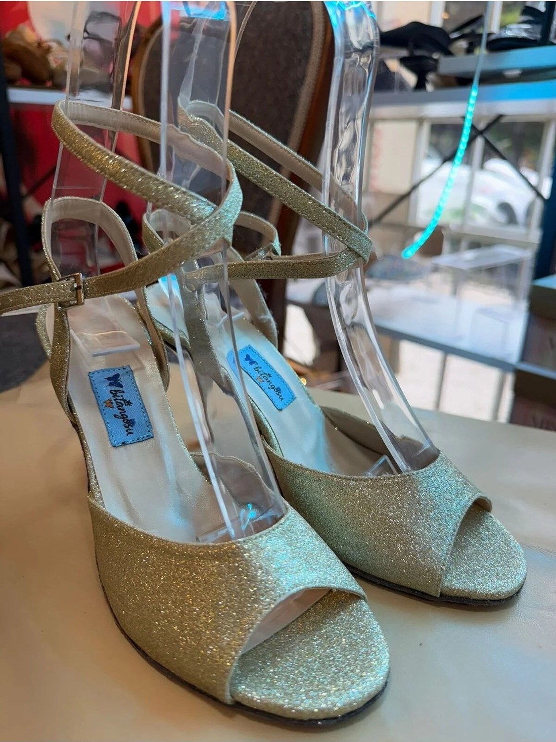 Bitangosu Altın Simli 8,5 cm 13 Pont Açık Topuk Tango, Dans ve Salon Ayakkabısı El Emeği Özel Seri Üretim görsel 6