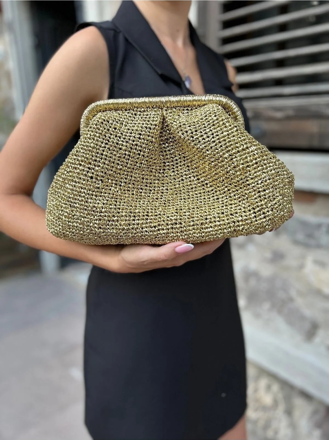 Hobilanka . Bags Altın Renk Parlak Metalik Kağıt Ip Portföy Clutch Çanta