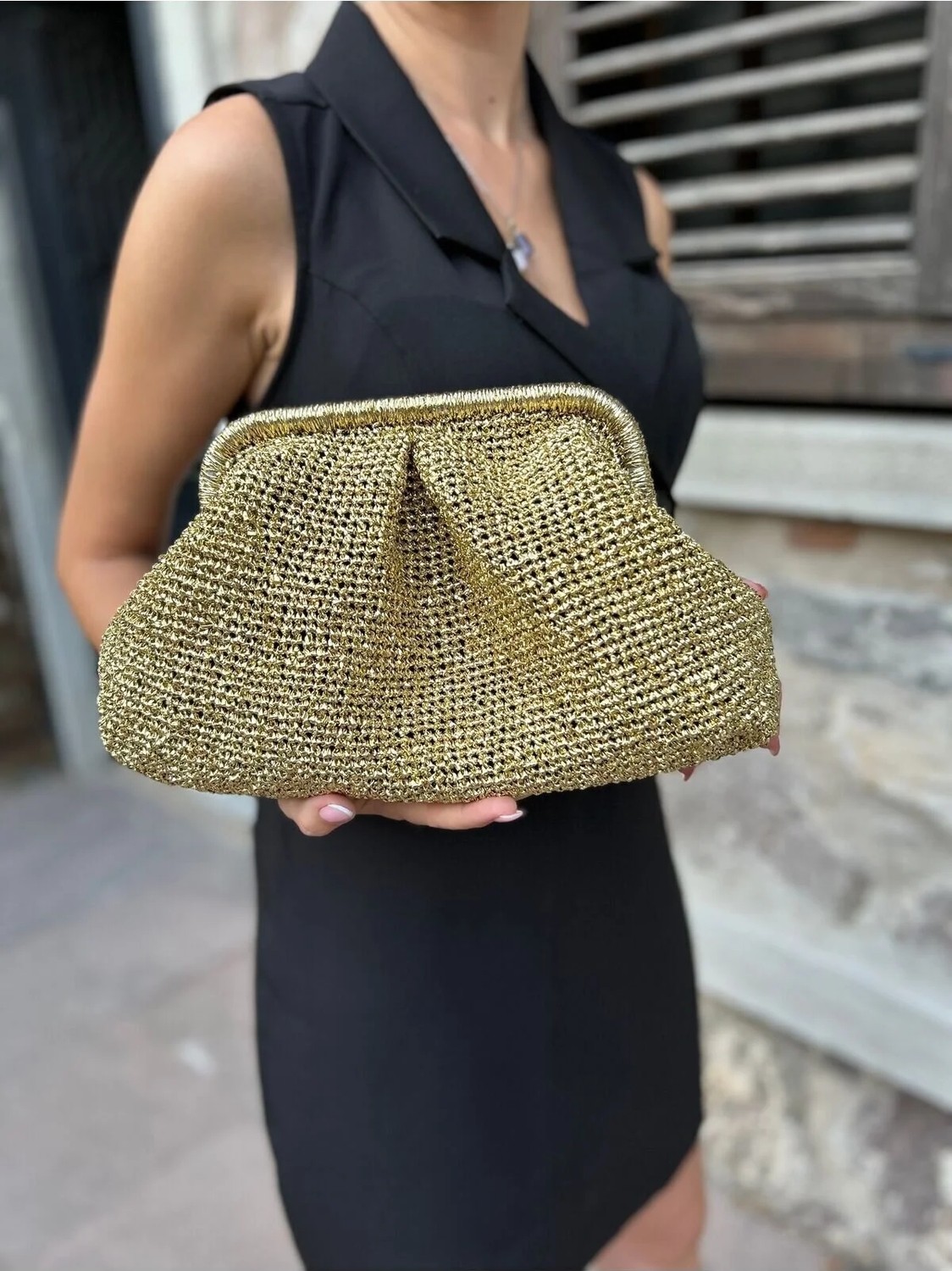 Hobilanka . Bags Altın Renk Parlak Metalik Kağıt Ip Portföy Clutch Çanta görsel 2