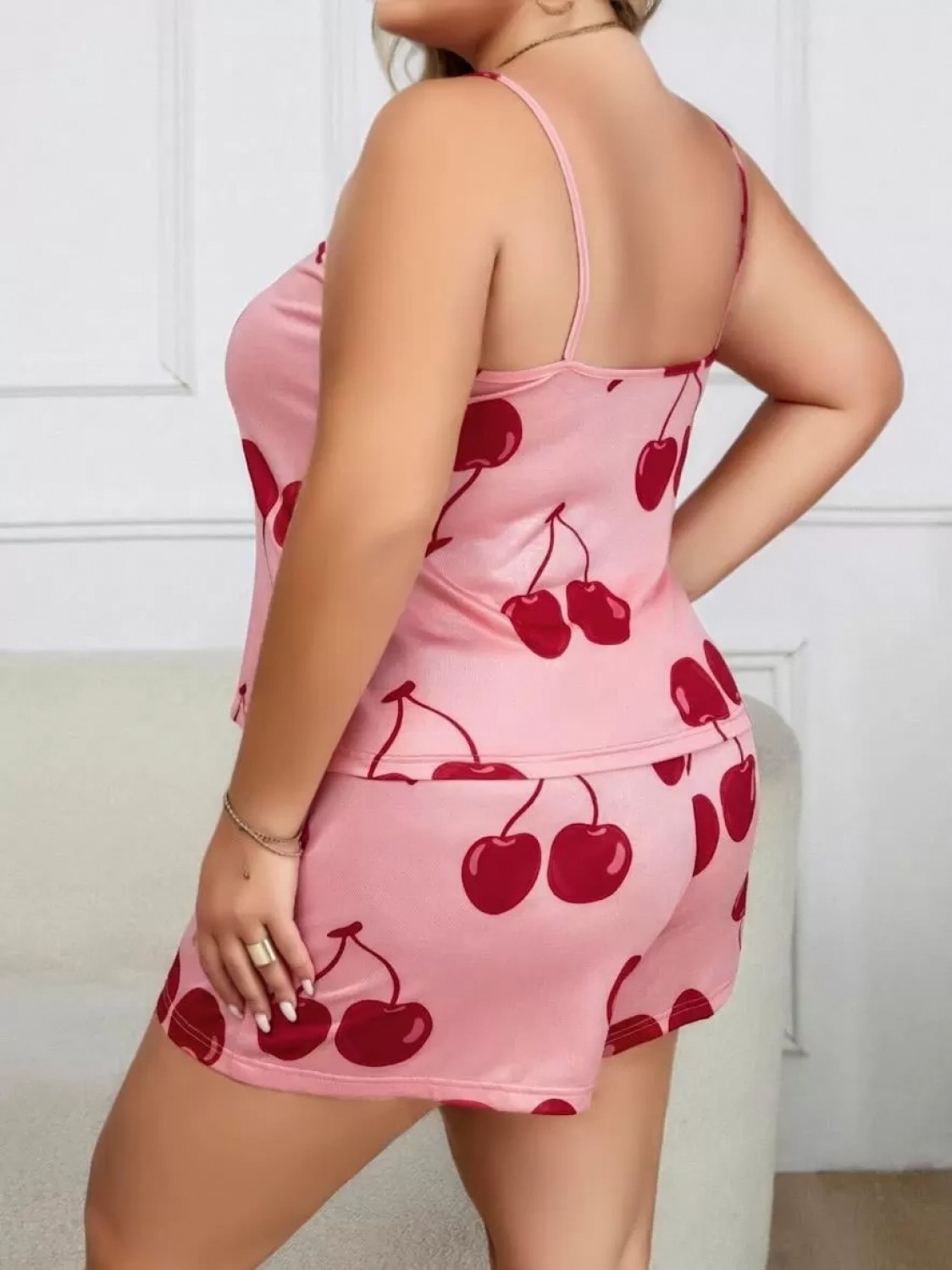 Marsilyan ™- Büyük Beden Pembe Kiraz Desen Ince Askılı Pamuklu Şortlu Pijama Takımı görsel 3