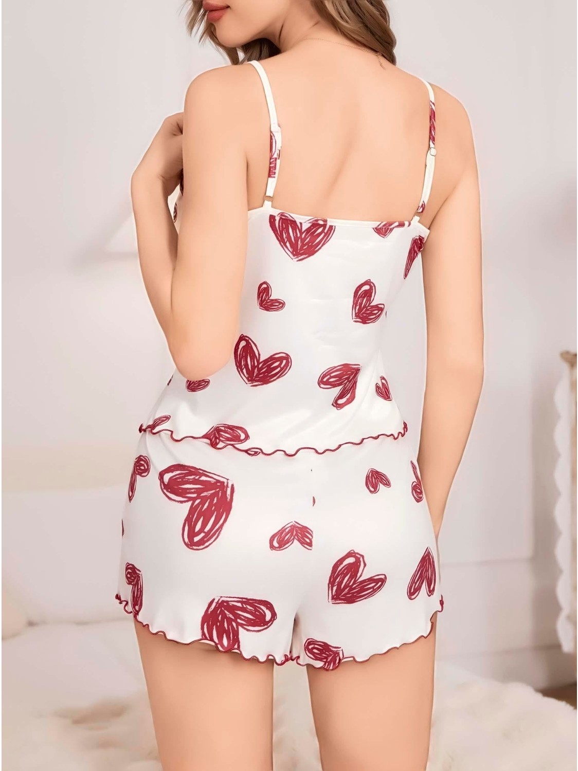 Kadın Beyaz Kalp Desenli Şortlu Gecelik Pijama Takımı 5052, Beden: L/xl, Renk: Beyaz görsel 5