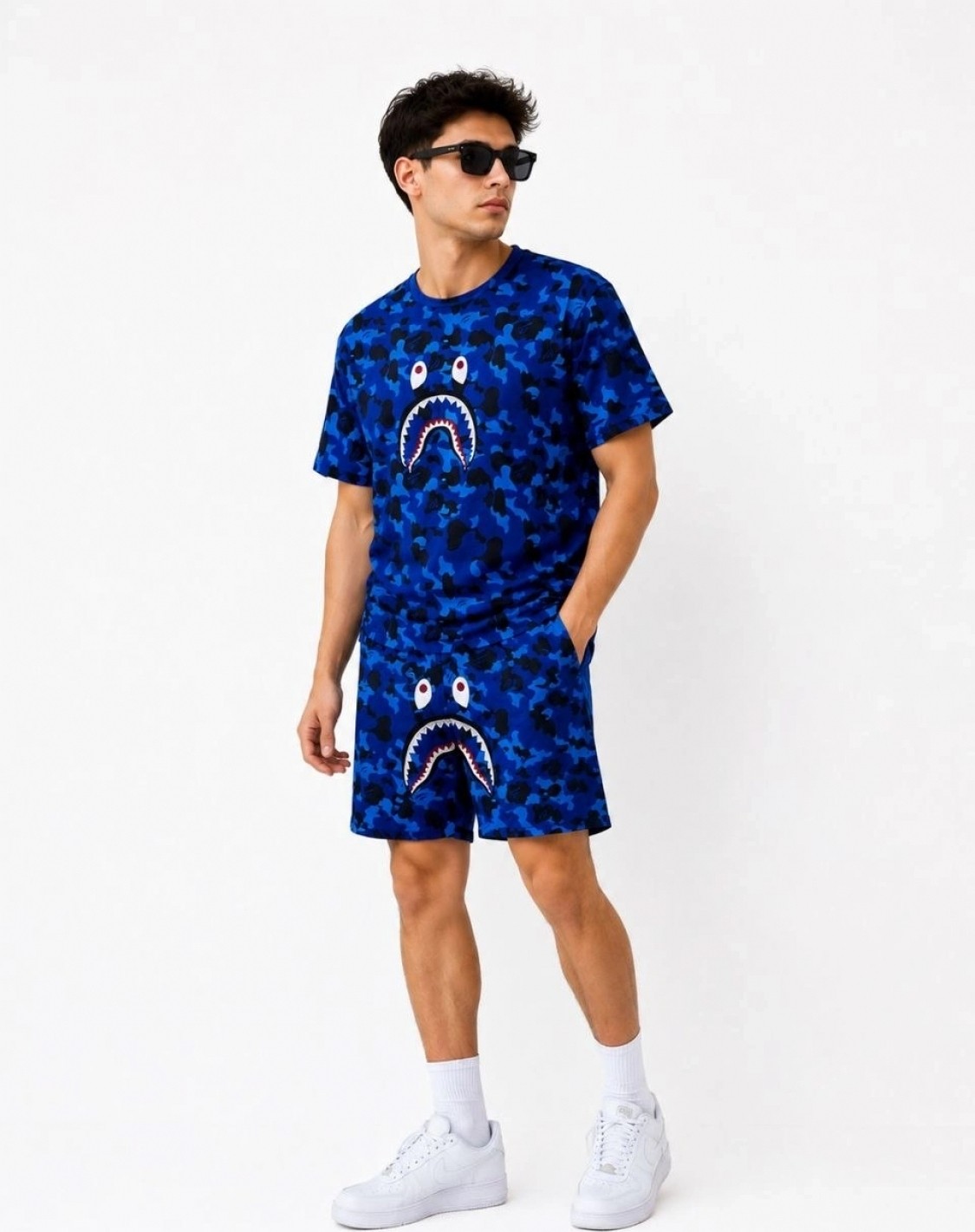 Marsilyan Erkek Oversize Kalıp Pubg Bape x Shark Nakışlı Cepli Şort Takım - Mavi görsel 3