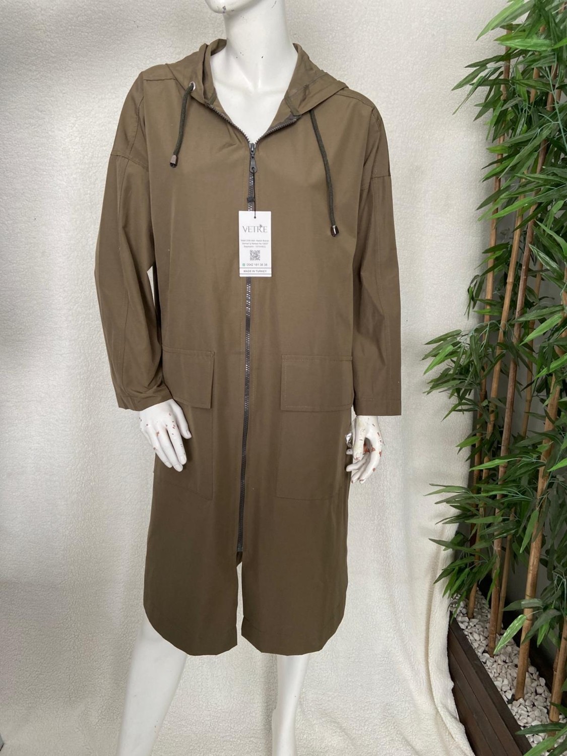 Vetre Kadın Büyük Beden Kapüşonlu Oversize Haki Pamuklu Trençkot 2002 görsel 4