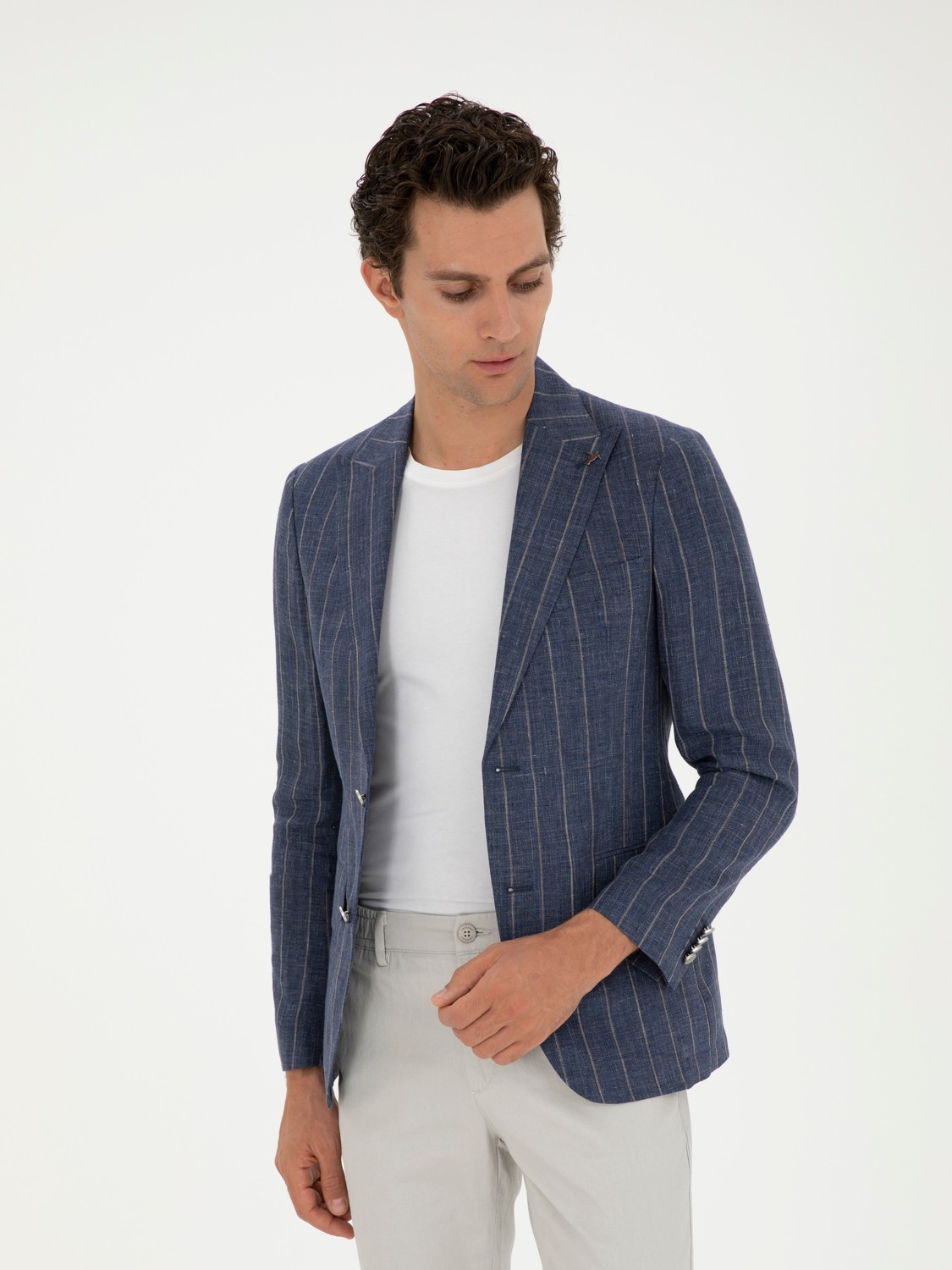 Cacharel Erkek İndigo Slim Fit %100 Keten Ceket 50284602-VR028