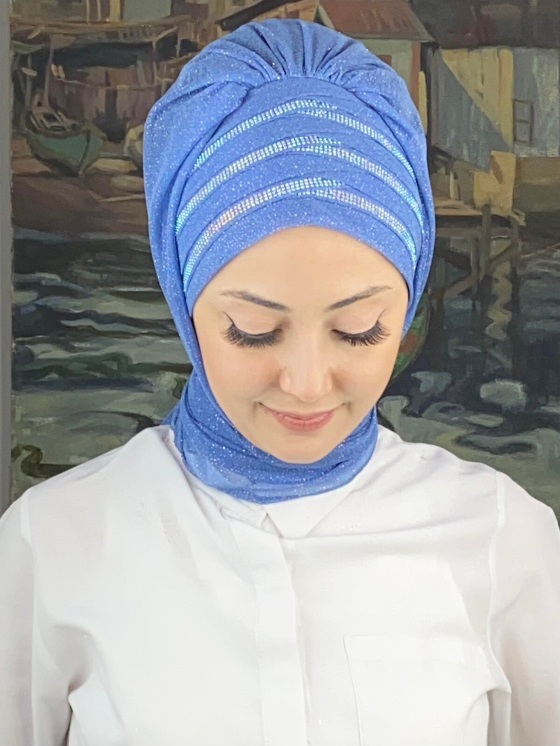 Butik Ambar Lüks Topkapı Model Taşlı Simli Kısa Abiye Indigo Hazır Şal - Mavi - Butik Ambar görsel 2