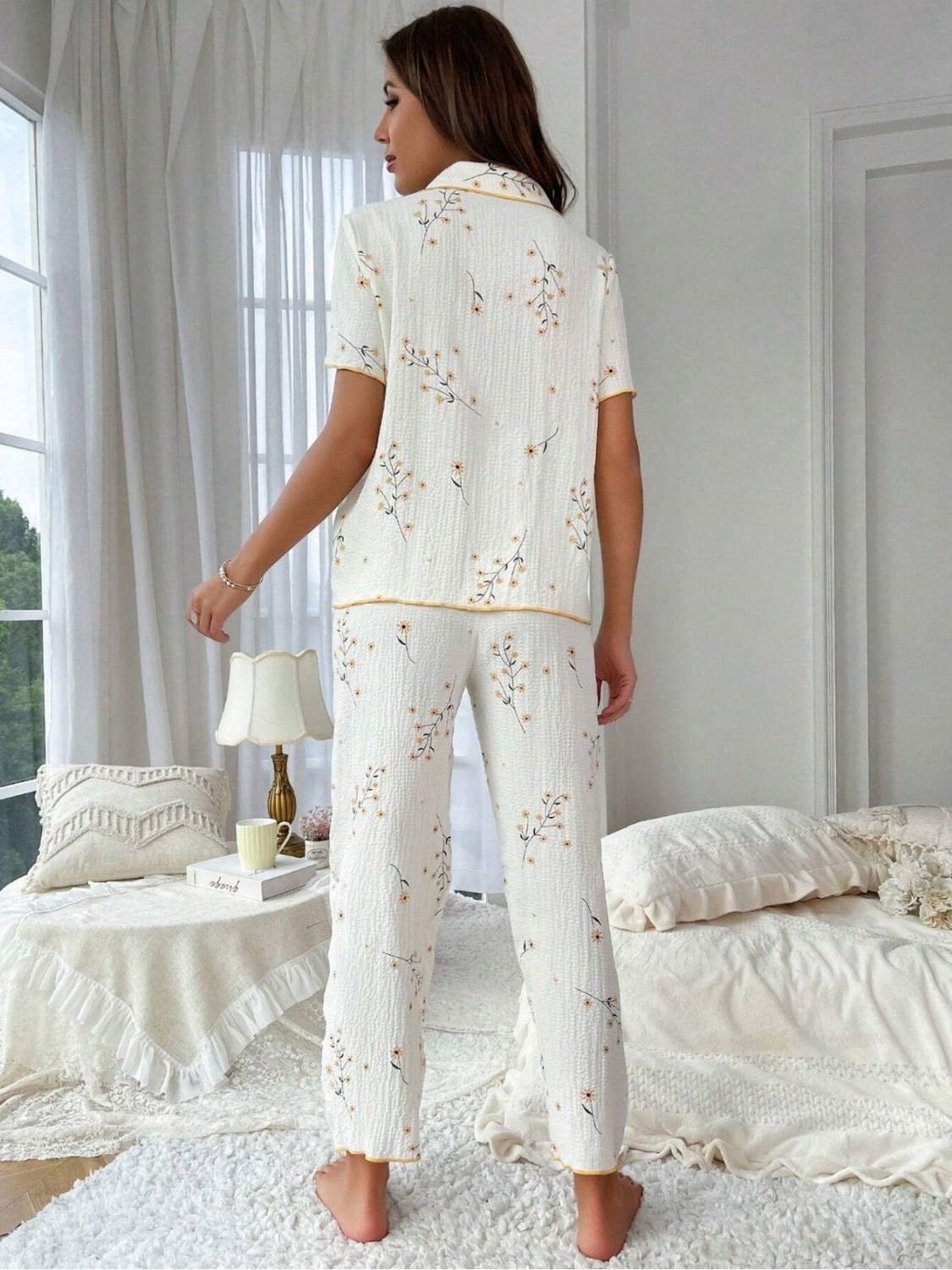 Bella Notte Çiçek Baskılı Cep Detaylı Düğmeli Günlük Pijama Takımı görsel 4