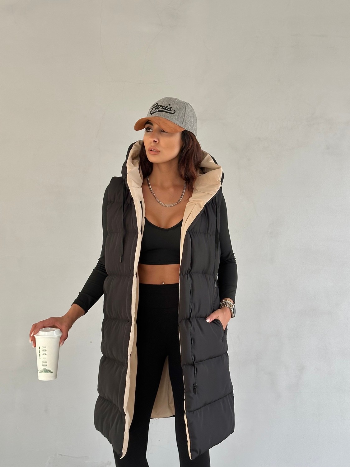 Moda Armanc Çift Taraflı Kapüşonlu Uzun Şişme Yelek