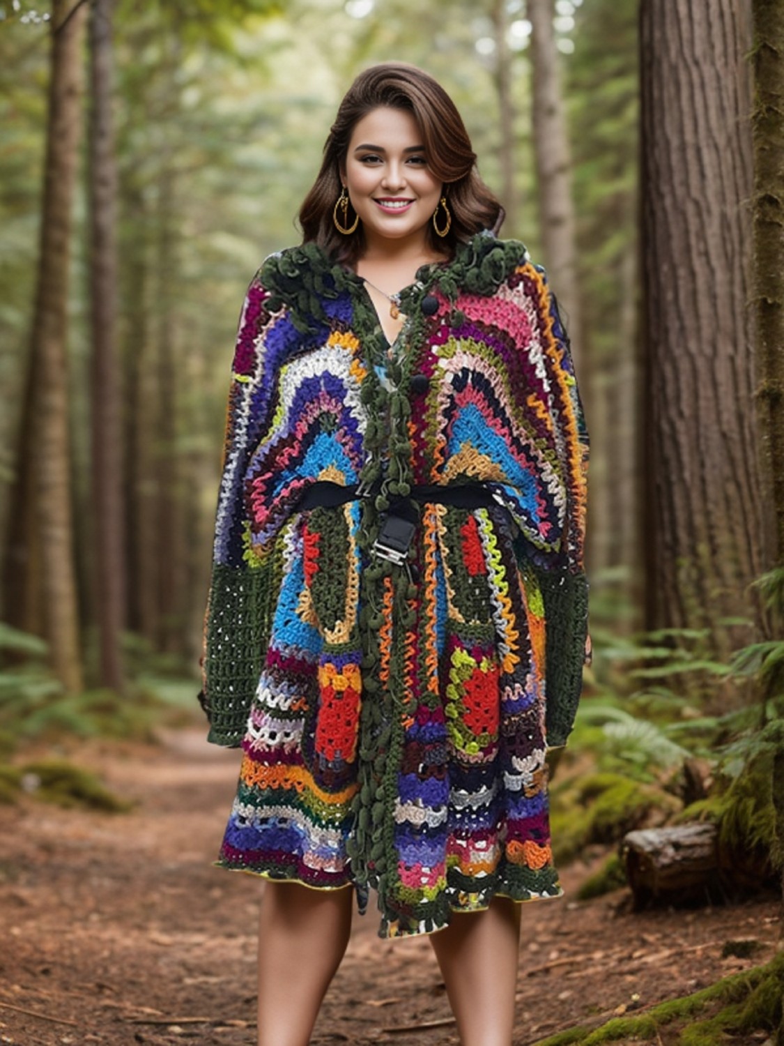 Hippy Butik Hippybutik Çok Renkli Kapüşonlu El Örgüsü Uzun Astarsız Büyük Beden Hırka/kaban