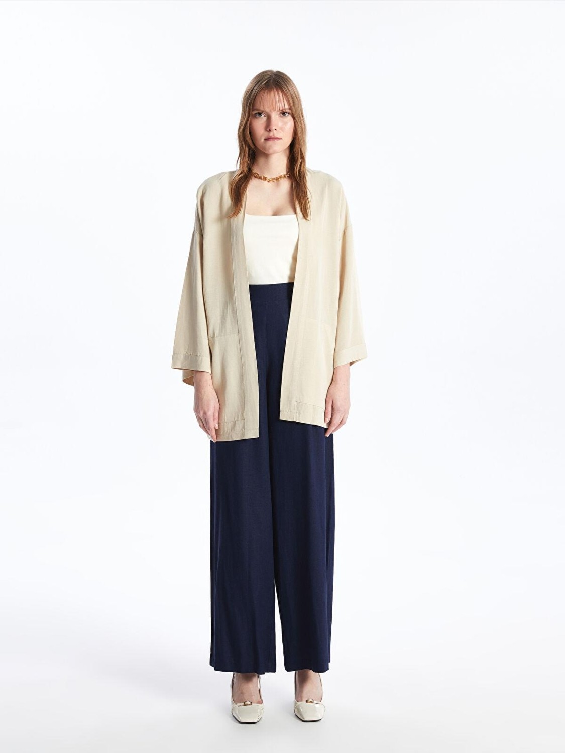 LC Waikiki Lcw Vision Açık Bej Şal Yala Düz Keten Karışımlı Oversize Kadın Kimono görsel 3