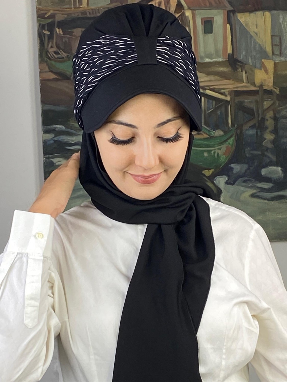 Butik Ambar Siyah Siyah Beyaz Desenli Biritli Atkılı Şapka görsel 2