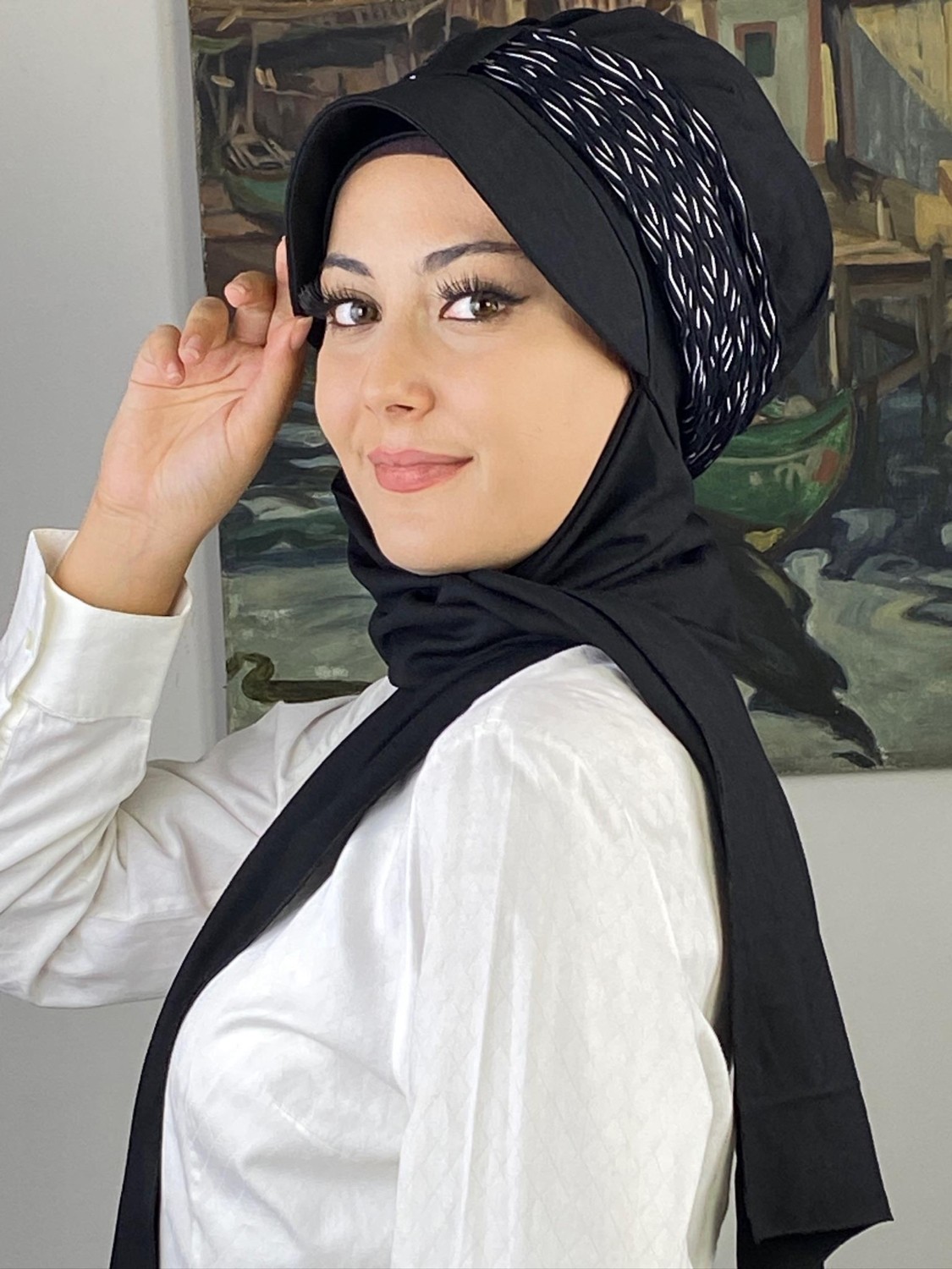 Butik Ambar Siyah Siyah Beyaz Desenli Biritli Atkılı Şapka görsel 4