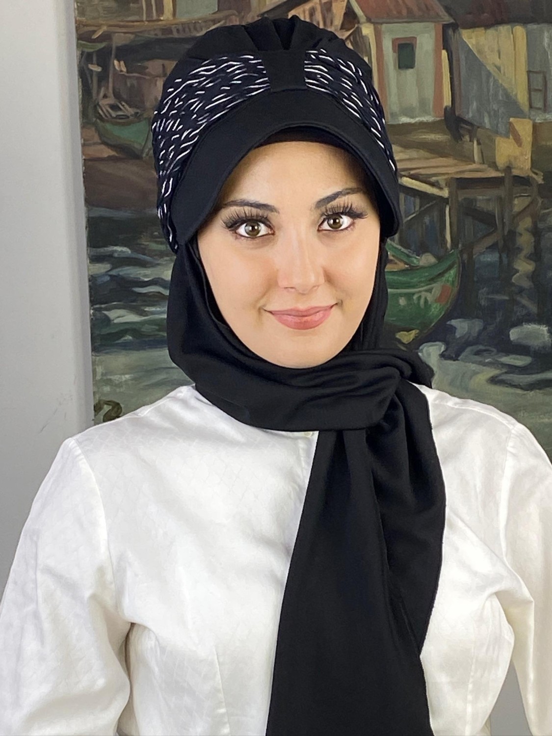 Butik Ambar Siyah Siyah Beyaz Desenli Biritli Atkılı Şapka görsel 5