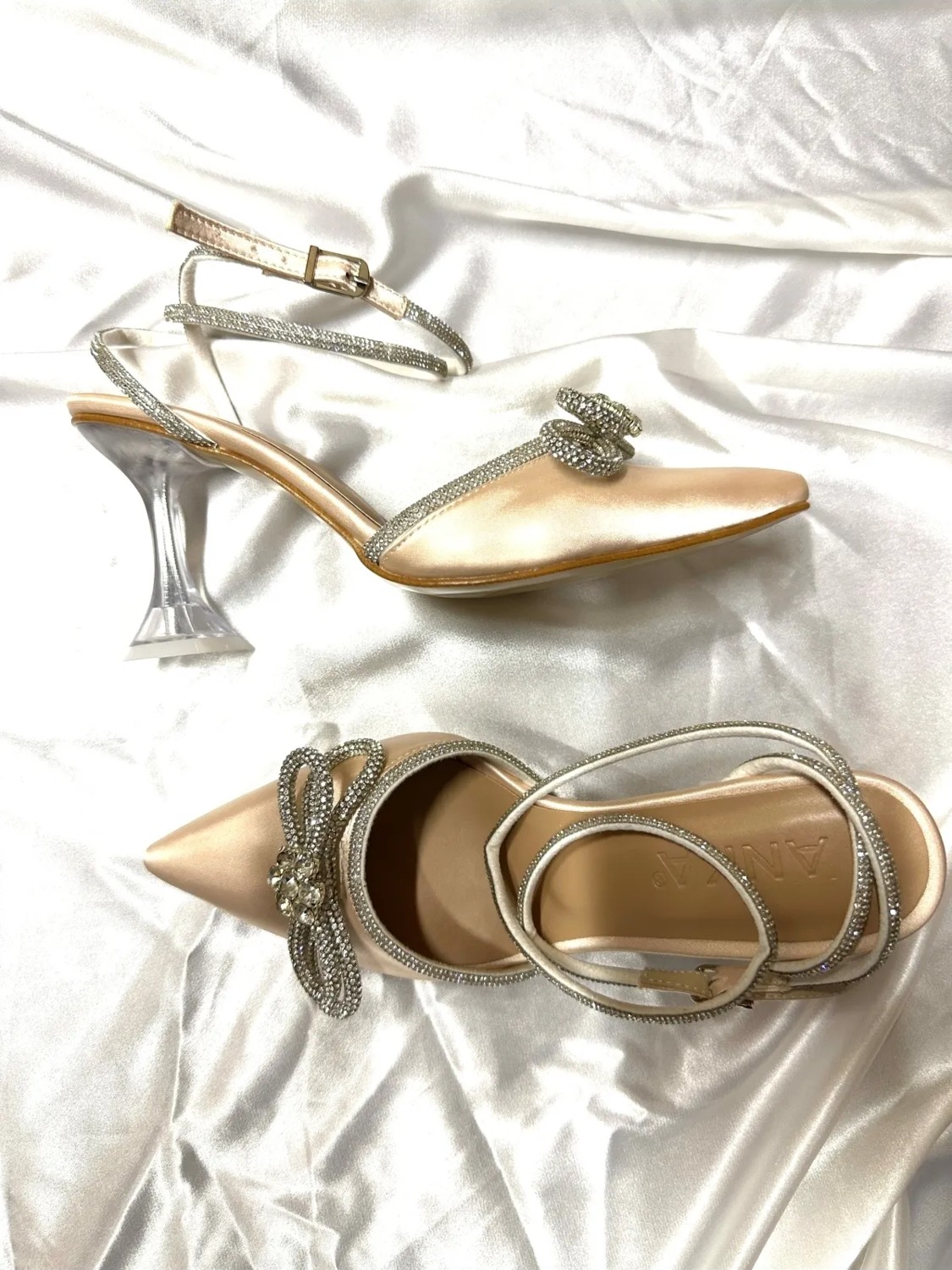 Trendy Anka Kadın Nude Bej Ten Saten 8 cm Şeffaf Topuklu Fiyonk Taşlı Bilekten Dolamalı Sivri Burunlu Ayakkabı görsel 8