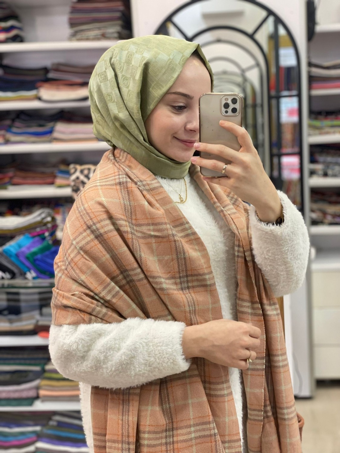 Sima Gül Kurusu Sima Kışlık Ekoseli Tüvit Desen Omuz Şalı görsel 3