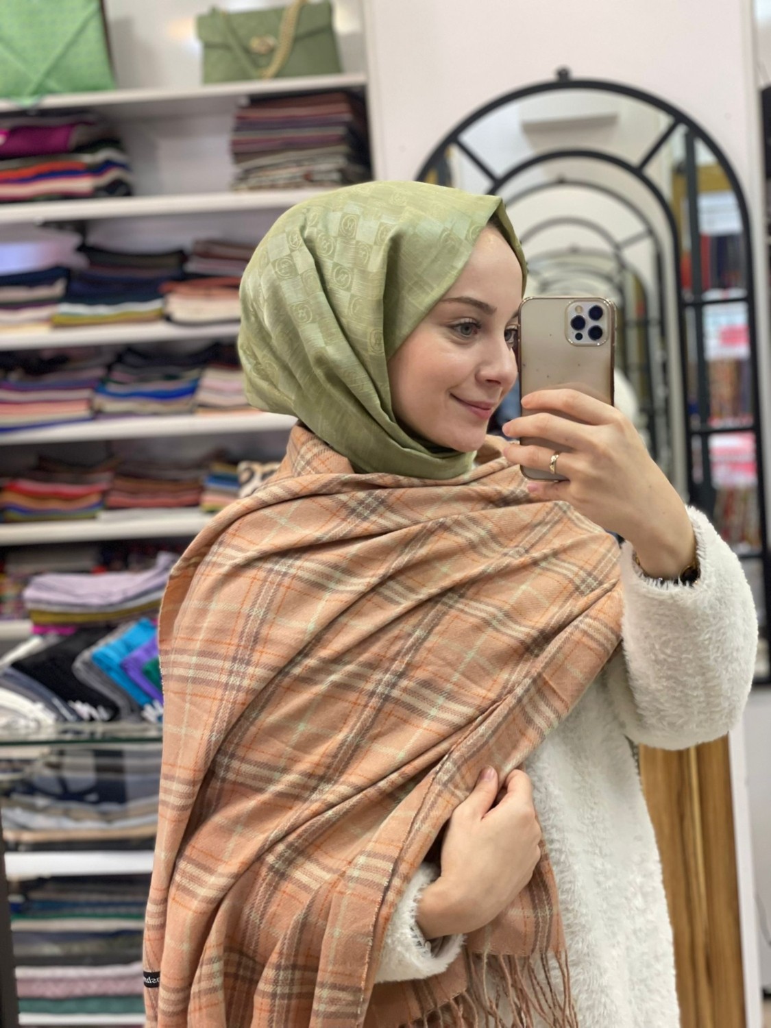 Sima Gül Kurusu Sima Kışlık Ekoseli Tüvit Desen Omuz Şalı görsel 4