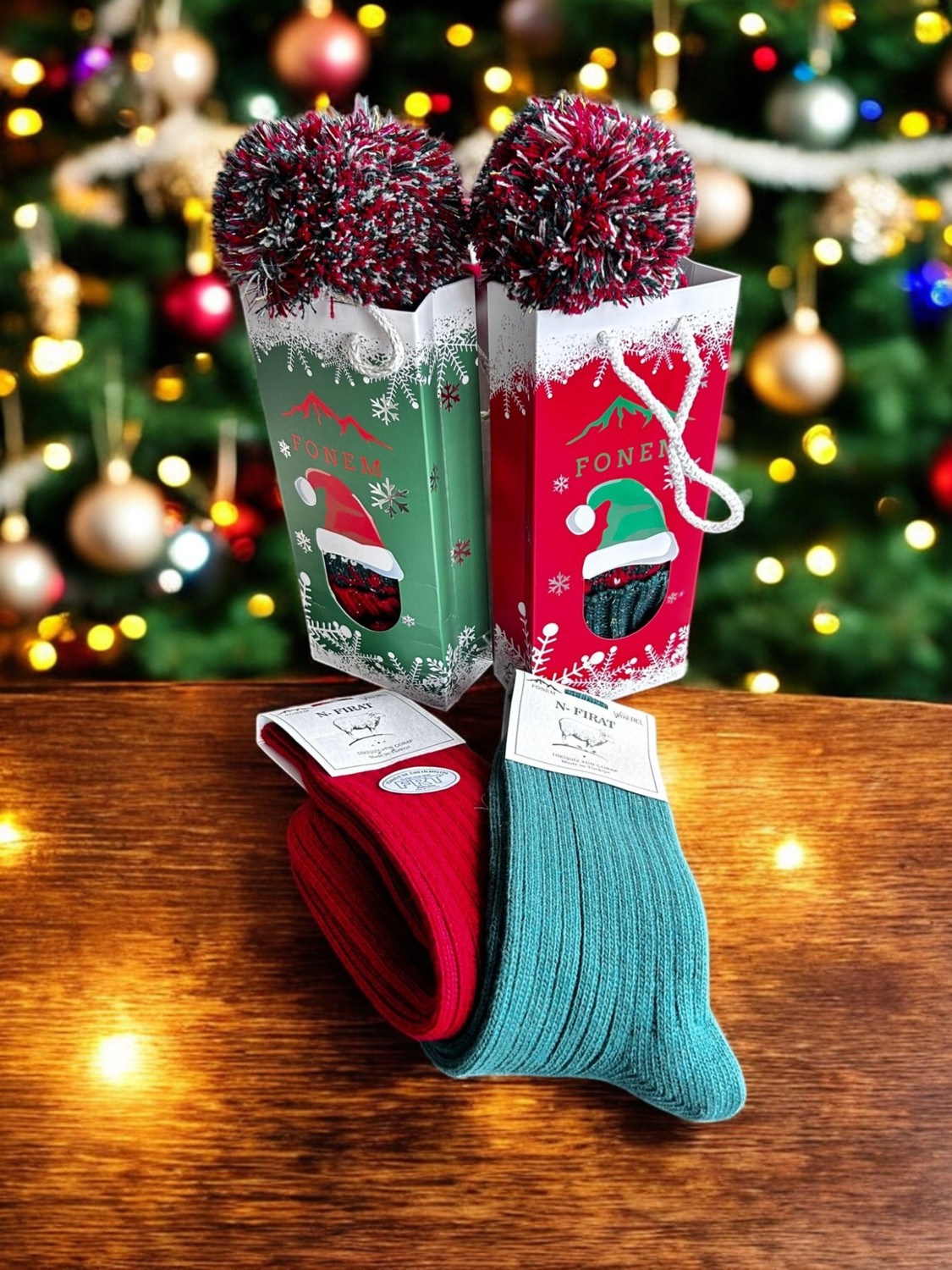 Fırat Kadın 2’li Yünlü Yılbaşı Çorap Seti, Christmas & Snowman Desenli görsel 2