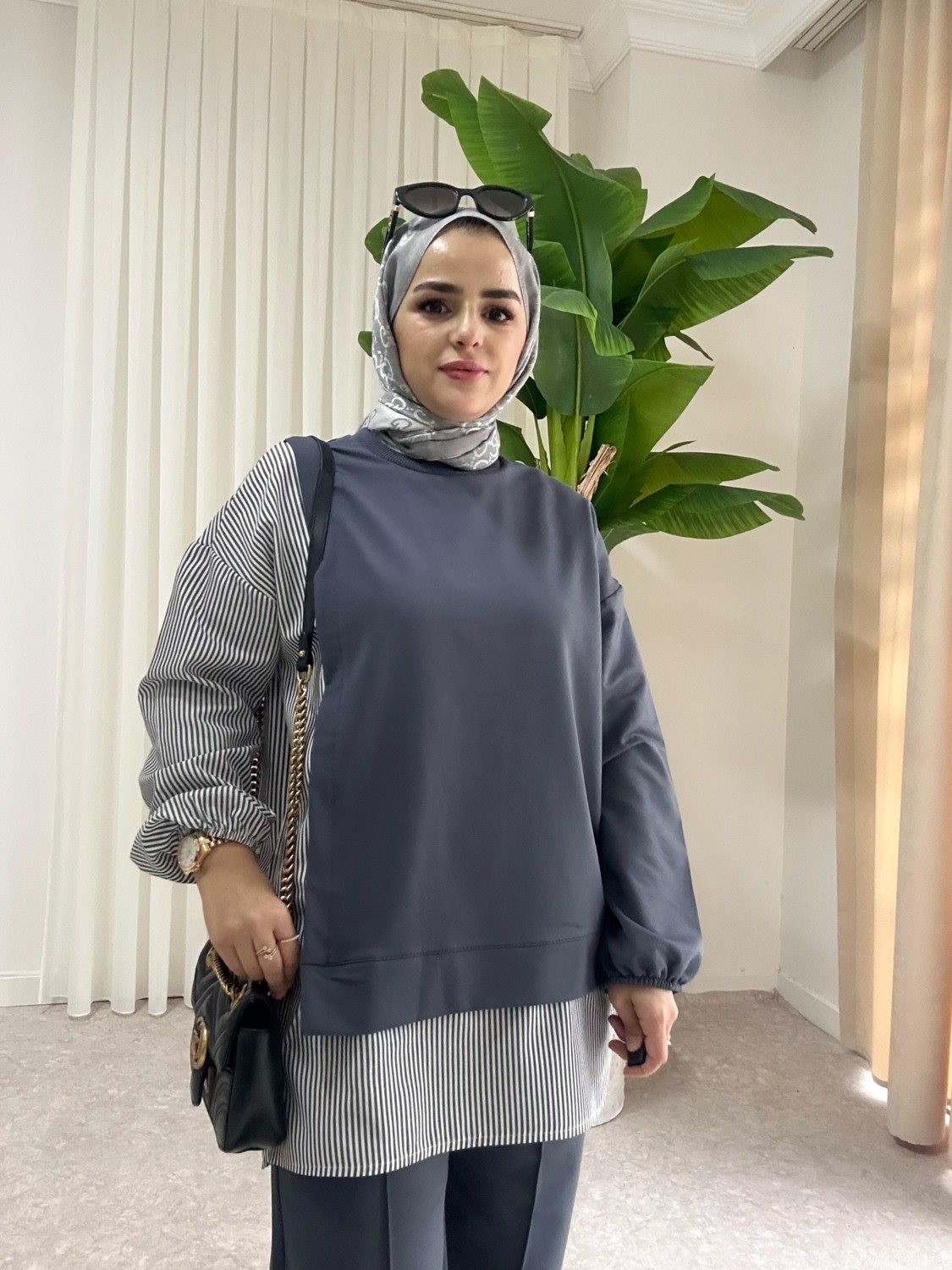 Aselim Hijap Moda Asel Fashion Line Gömlekli Ikili Takım Antrasit Gri görsel 3